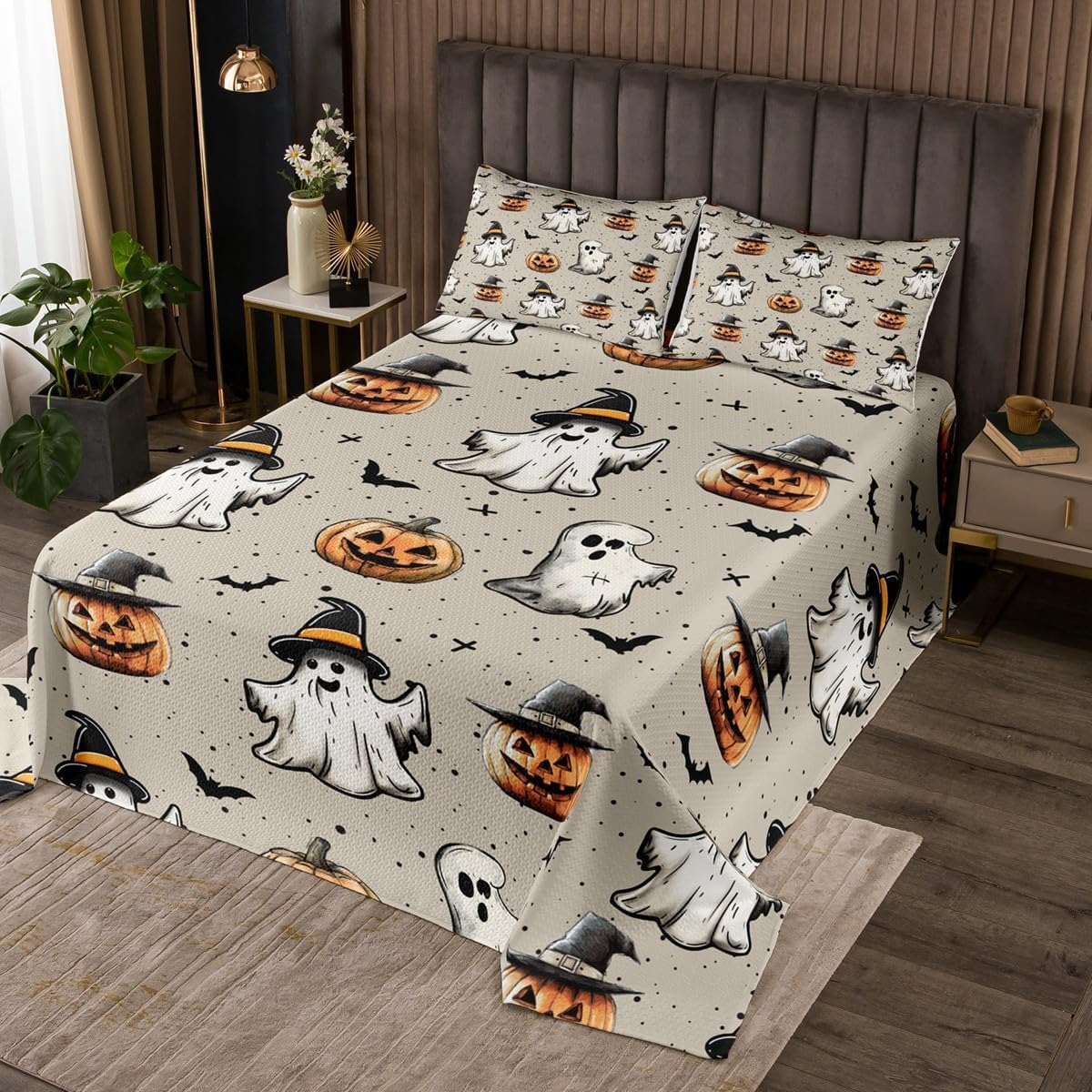 Cute Ghost Quilt Set Gothic Pumpkin Lantern Bedspread Set Bats Halloween Decoration Indoor Queen Size, Fall Leaves Coverlet Set Horror Silhouette Spooky Dark Shadows Quilted Cartoon Halloween Decor