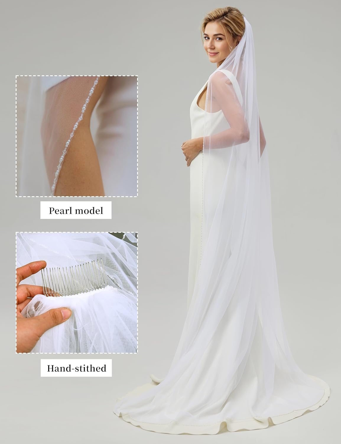 Wedding Veil for Bride 1 Tier Bridal Veil with Pearls and Crystals Beaded Edge for Women and Bride