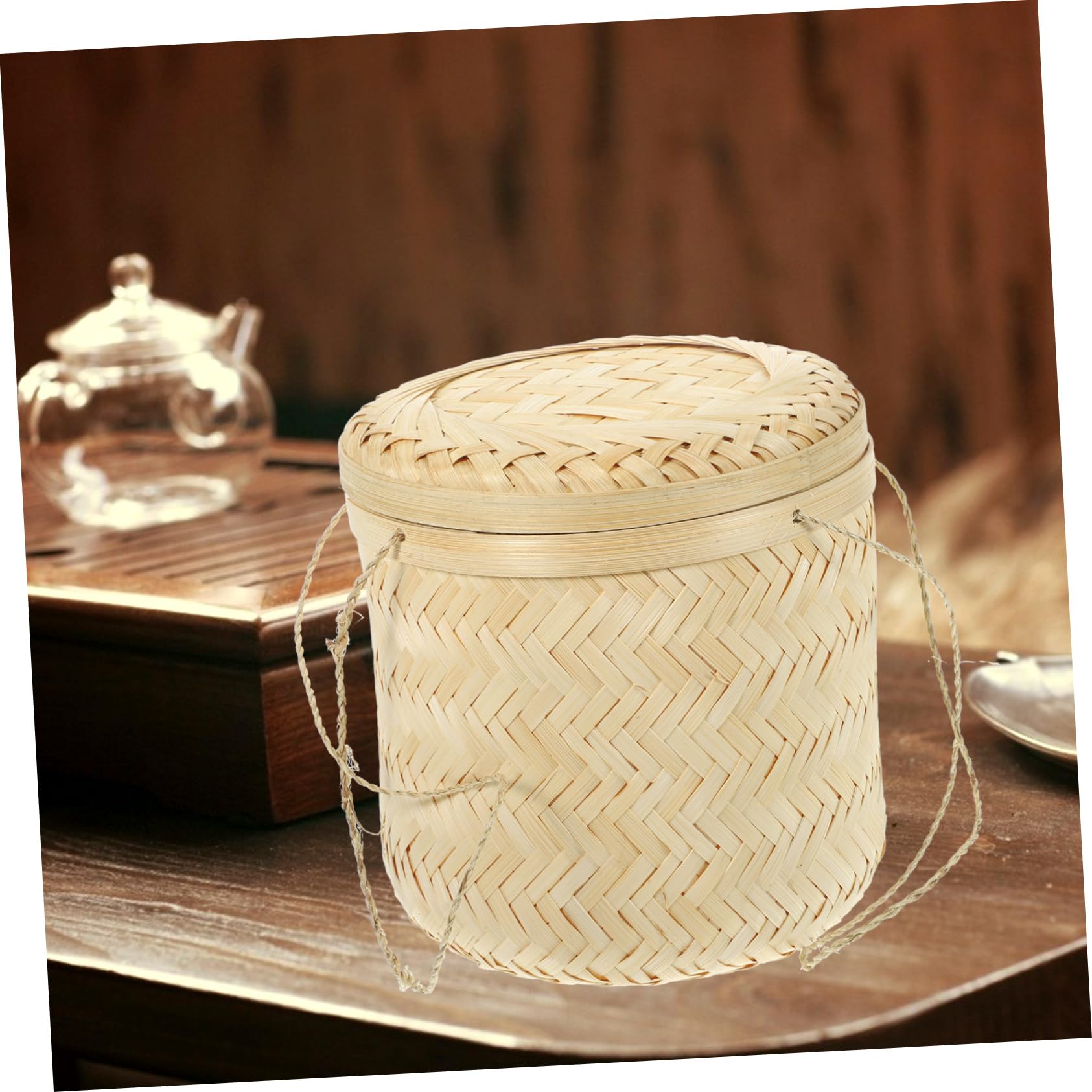 Amazon｜SOESFOUFU シー竹製編み込み収納バスケット 持ち手付きティー