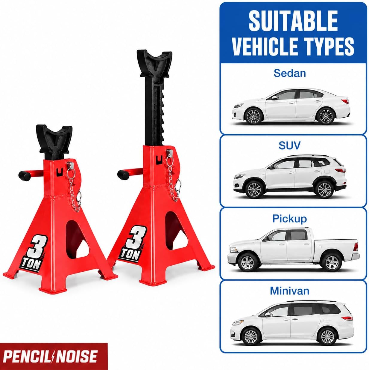 Car Jack Stands 3 Ton Capacity, Adjustable Height and Double Locking, Extra Reinforced Car Lifting Stand, Red, 2 Pack