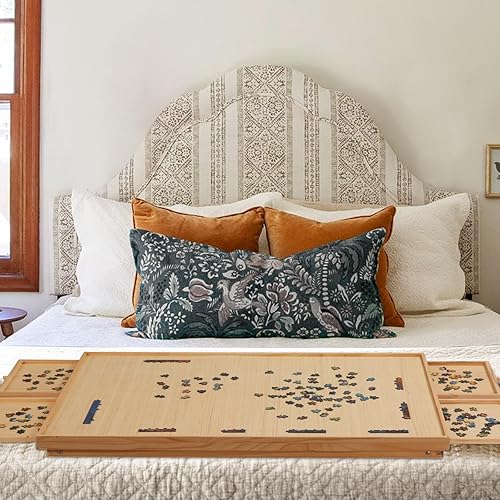 Miniatura 6 de TEAKMAMA Tablero de rompecabezas de madera de 2000 piezas con 4 cajones, mesa de rompecabezas plegable con cubierta protectora, tablero de