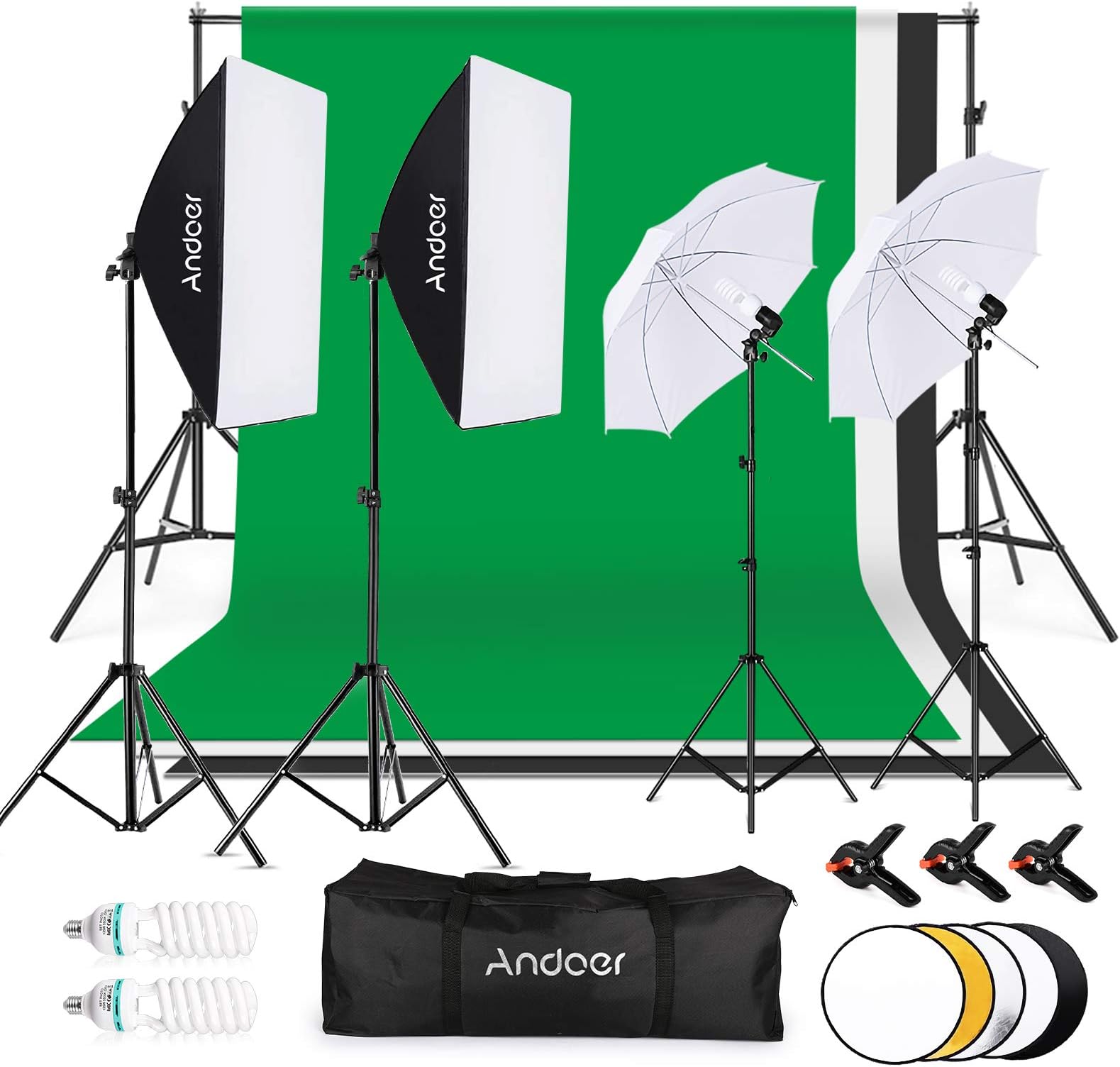 Andoer Photo Studio Lighting Kit, 1.8mx 2.8m/6x 9ft Background Support System, 3 Color Backdrop Fabric 135W 5500K Umbrellas Softbox kits 5in1 Reflector for Photo Studio,Portrait,Video Shooting