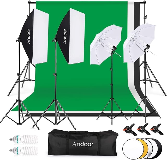 Andoer Photo Studio Lighting Kit with 1.8x 2.8m Background Support System 135W 5500K Umbrella Softbox kit 5 in 1 Reflector, Softbox Lighting Kit for Photo Studio Photography Video Portrait shooting