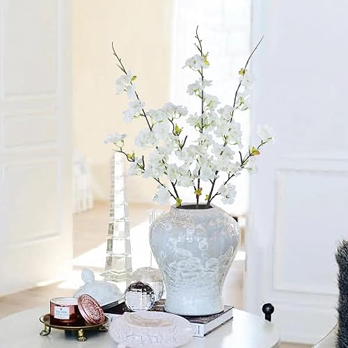 Miniatura 7 de CITYES 3 piezas de ramas artificiales de cerezo, flores de durazno de seda blanca, arreglo de ramas de primavera de imitación a granel, flores de