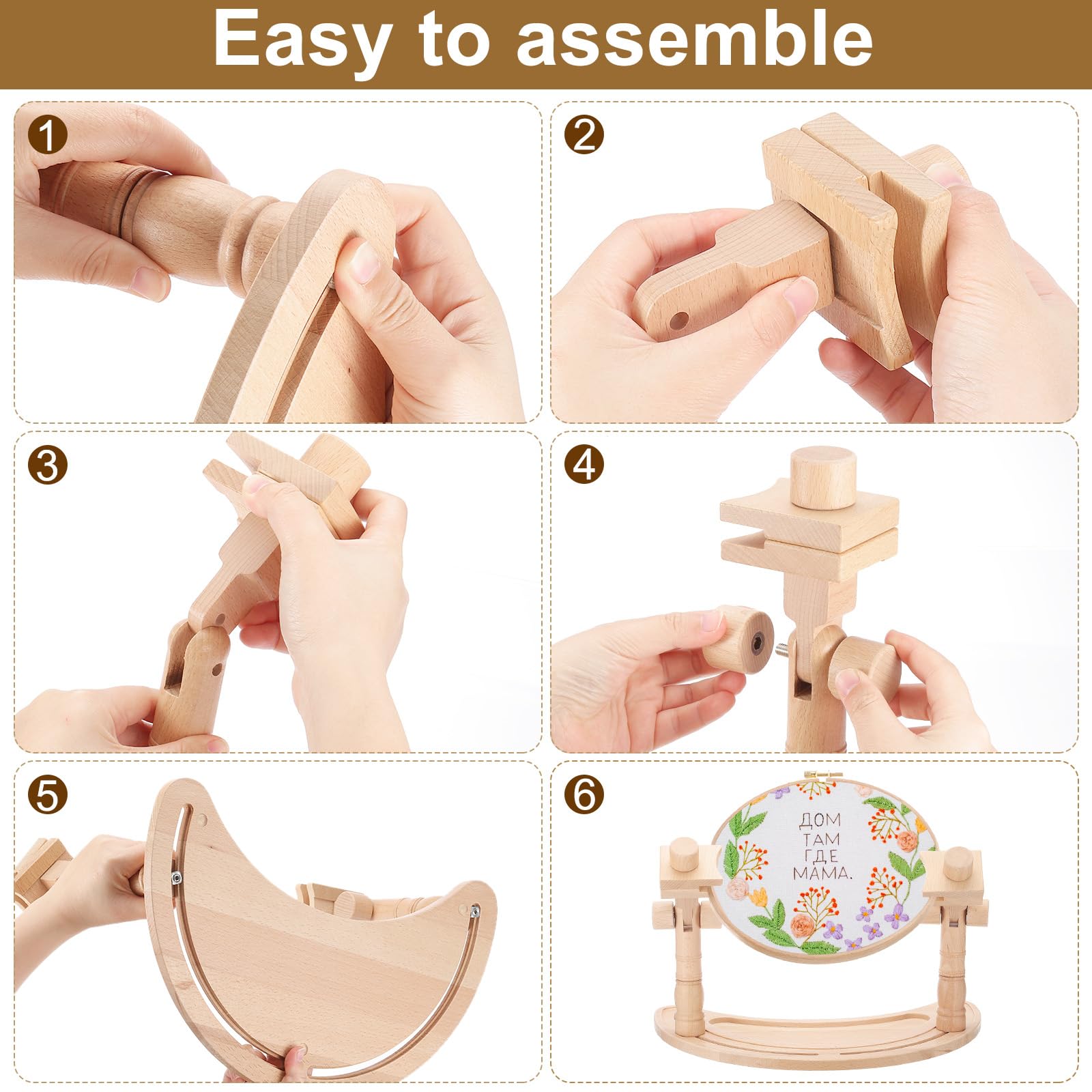 PATIKIL Soporte de aro ajustable para bordado, con forma de luna, de madera de haya y punto de cruz, soporte giratorio de 360°, manos libres, marco de bordado para costura, manualidades