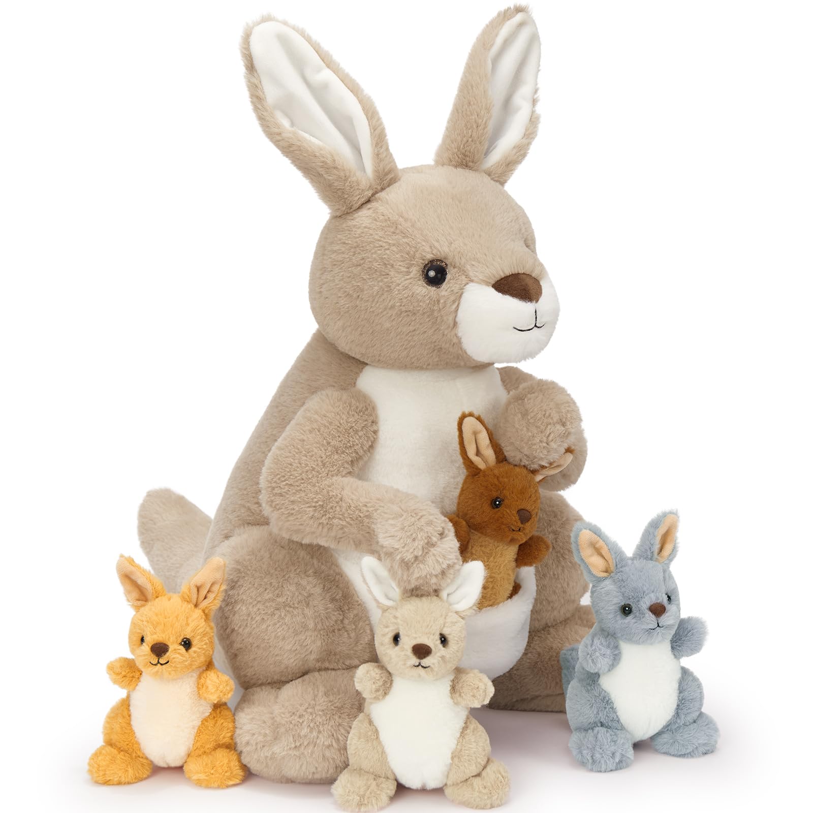MorisMos Peluche Kangourou avec 4 Bébés 52cm, Famille Kangourou en Peluche, Peluche Maman et Bébés dans Poche, Animal Australien Doux, Cadeau Enfant, Cadeau Naissance, Décoration Chambre