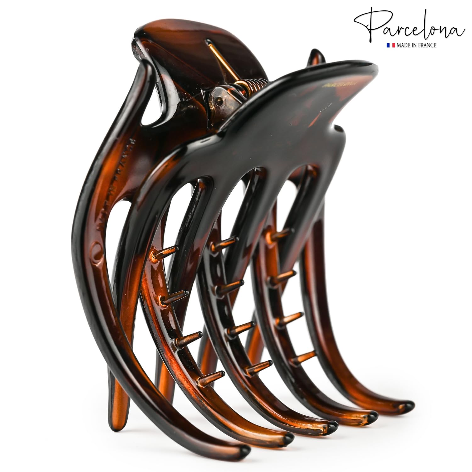 Parcelona French Yoga Flow Hair Claw Clip with Inner Teeth 3.25 Inch Acetate Strong Hold Jaw Clip for Women & Girls, Tortoise Shell Hair Accessory Made in France