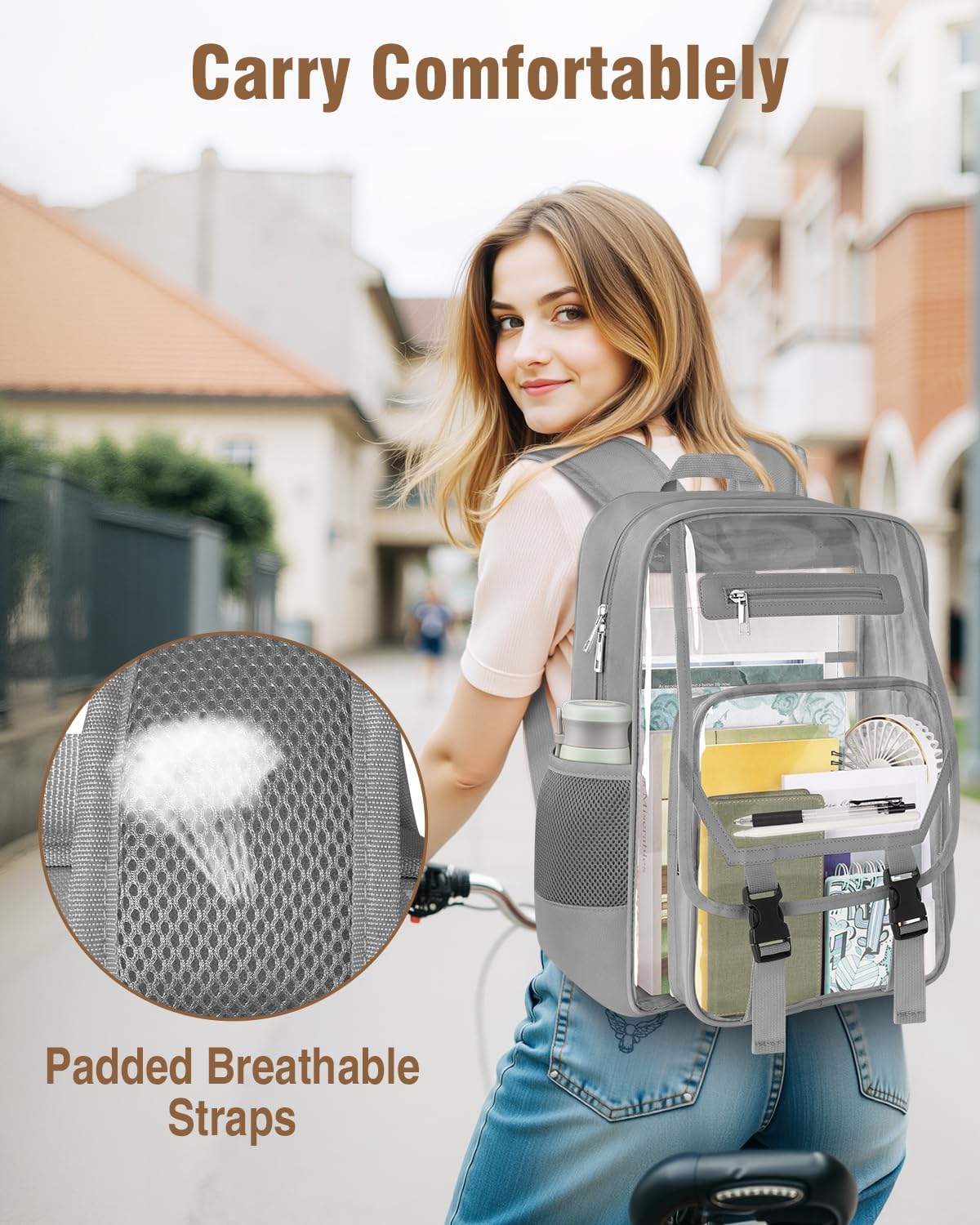 Soimeat Clear Backpack Heavy Duty, Fabric & PVC Transparent Bookbag, See Through Backpacks with Reinforced Strap for Women Men, Large Capacity Clear Backpack for College, Travel, Security, Grey