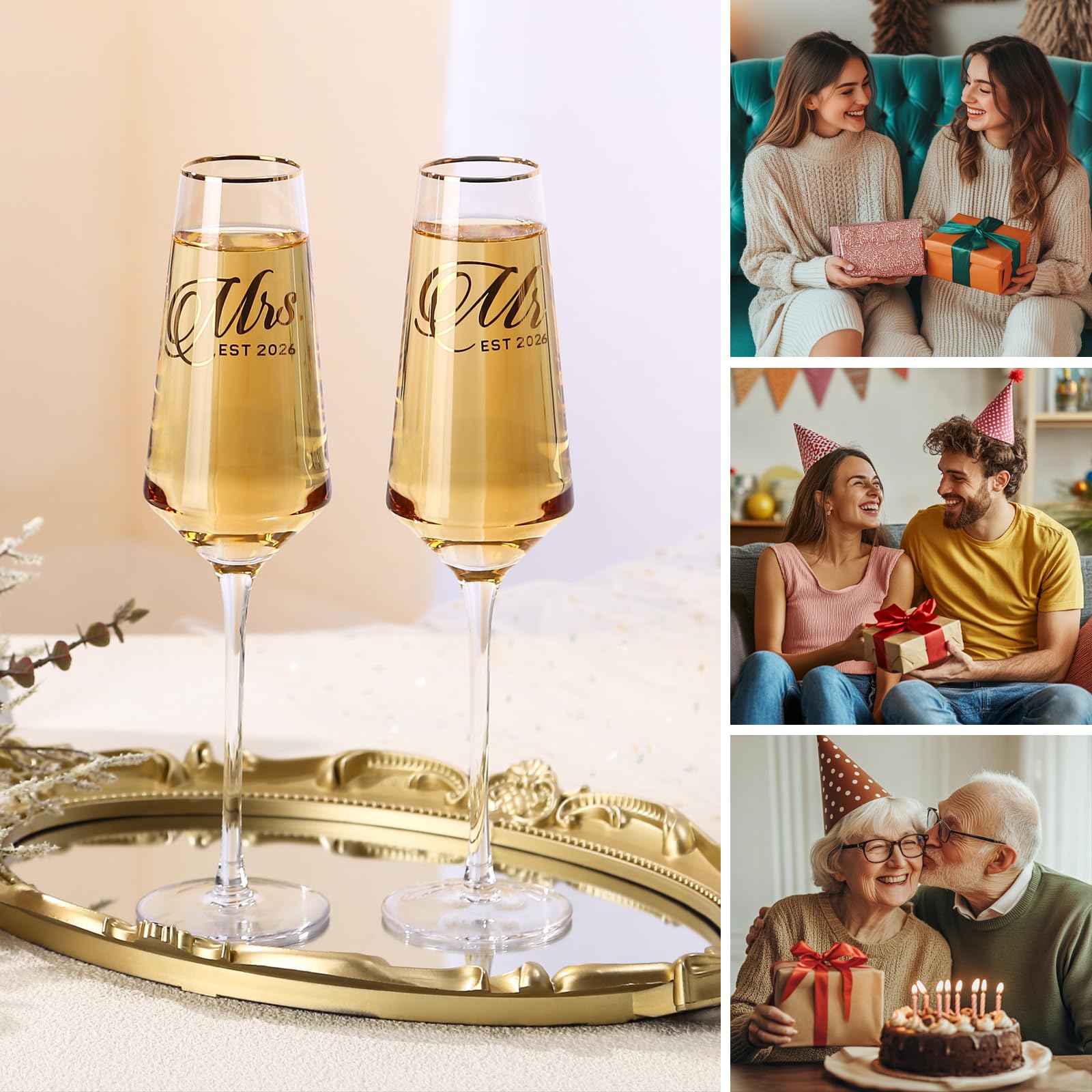Juego de 2 copas de champán de boda, sopladas a mano, copas de champán para novia y novio, copas de champán para boda, compromiso, aniversario, despedida de soltera (juego de caja conmemorativa)