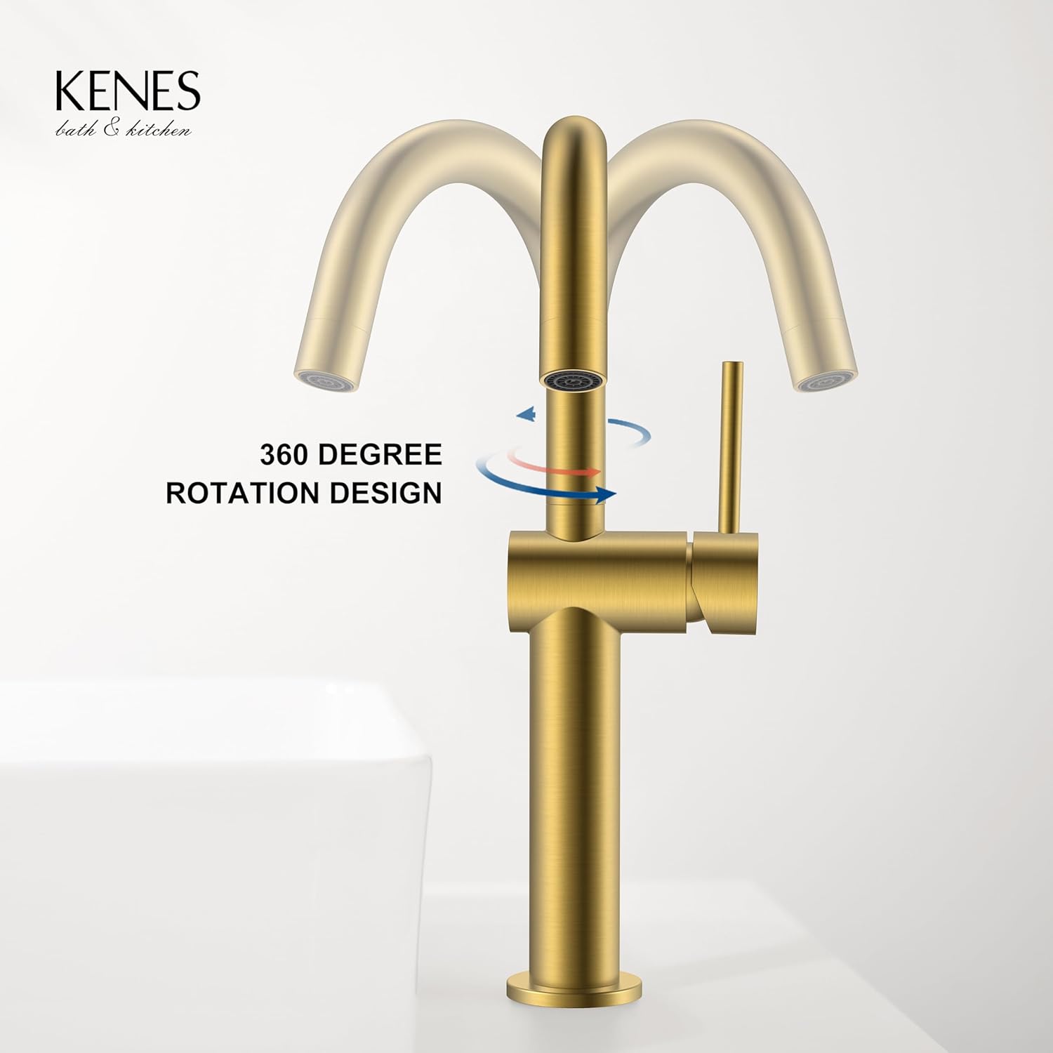 KENES Brushed Gold Tall Bathroom Faucet, Single Handle Vessel Sink Faucet Single Hole, Modern Bathroom Vanity Faucet with Pop Up Drain and Supply Lines, KE-9005C-4