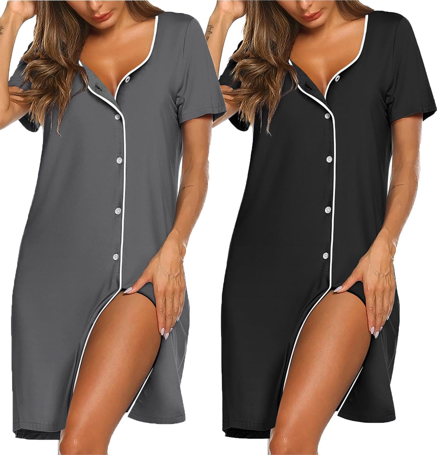 Ekouaer 2er Nachthemd Damen Zum Knöpfen Sleepshirt Kurzarm Schlafshirt V-Ausschnitt Schlafhemd Blumen Zweiteiliger Nachtwäsche S-XXL