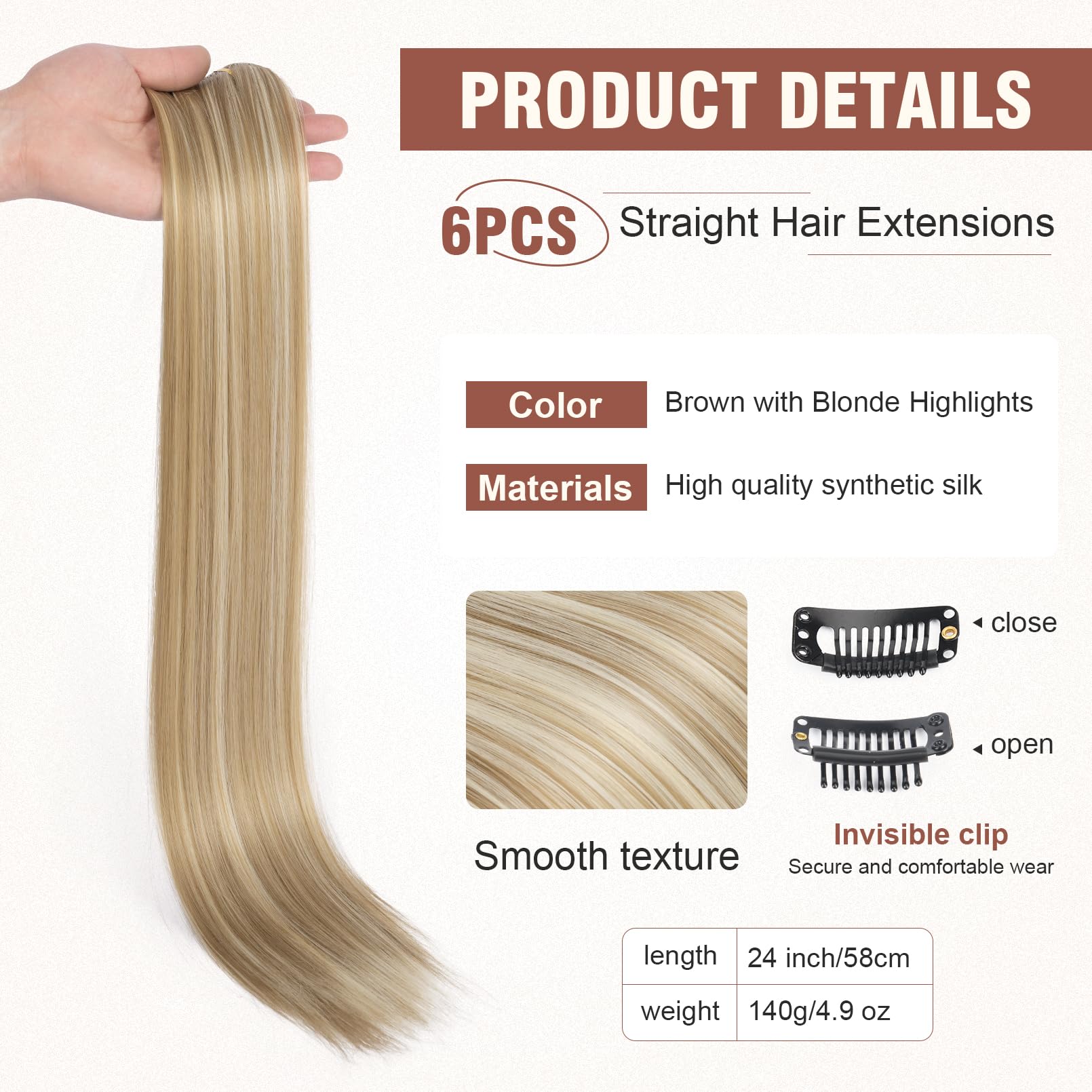 Flufymooz 6PC Clip in Hair Extensions 24" Straight Long Extensions for Women Synthetic Hairpiece (Dark Blonde with Highlights) - Image 2