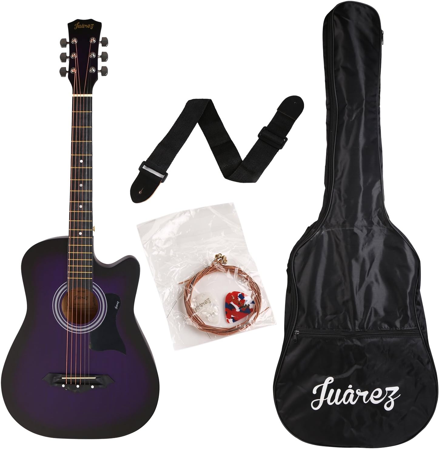 Juârez JRZ38C/VTS 6 Strings Acoustic Guitar 38 Inch Cutaway, Right Handed, Violet/Purple with Bag, Strings, Picks and Strap