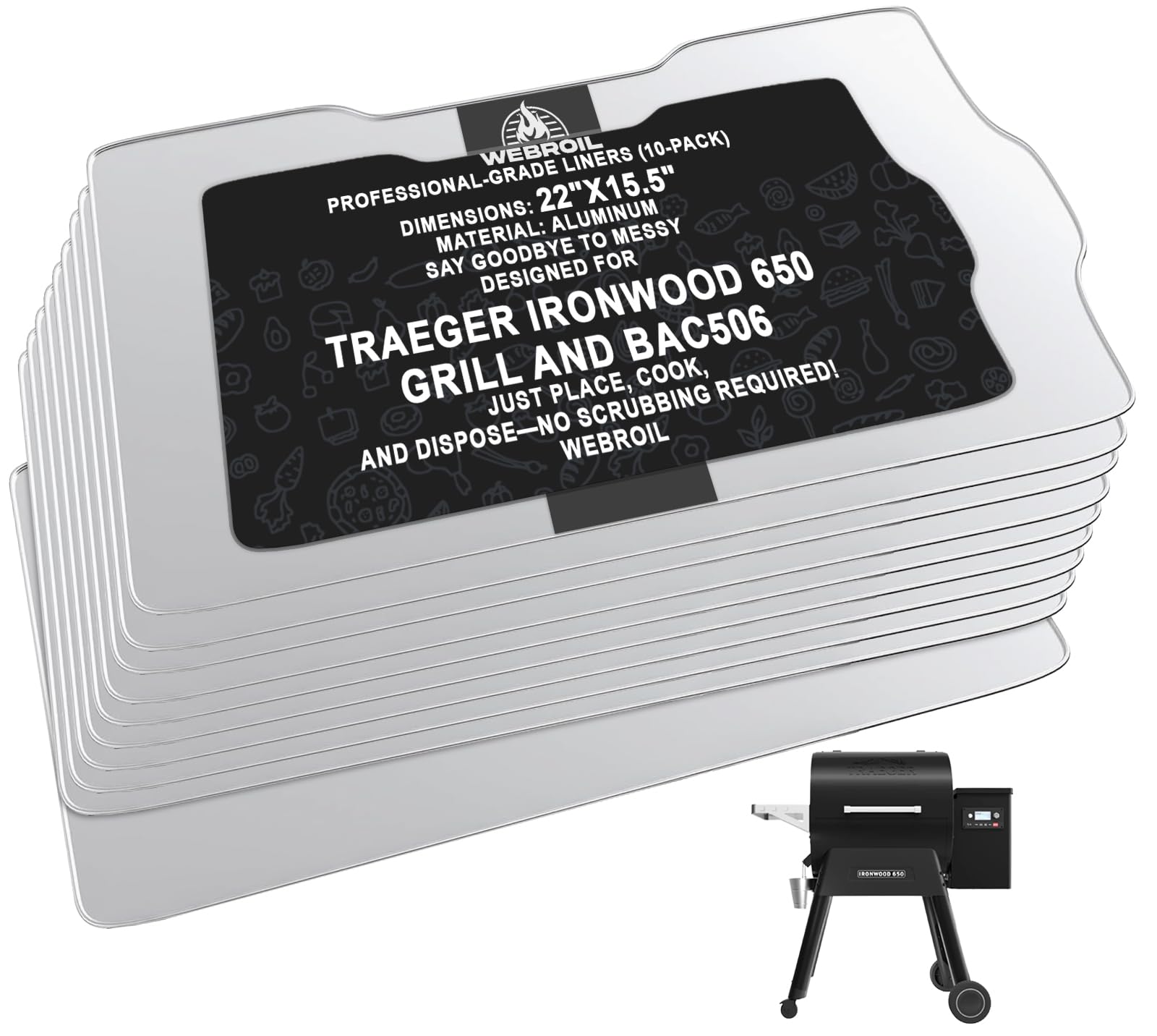 Photo 1 of WEBROIL 10 Packs BAC506 Drip Tray Liners for Traeger Ironwood 650 Series Grills, Heat-Resistant Foil Liners for Traeger Pellet Smoker Grill Accessories, Aluminum Tray for Catching Grease 22" x 15.5"