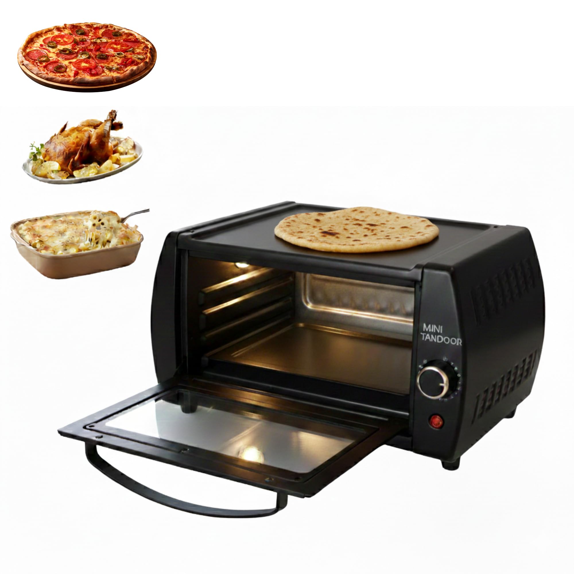 Mini tandoor oven – countertop Oster Black and Decker ovens, compact kitchen size & convection air fryer toaster oven for pizza, naan, chapati. Tabletop chefs bake include baking tray, grill & tongs.