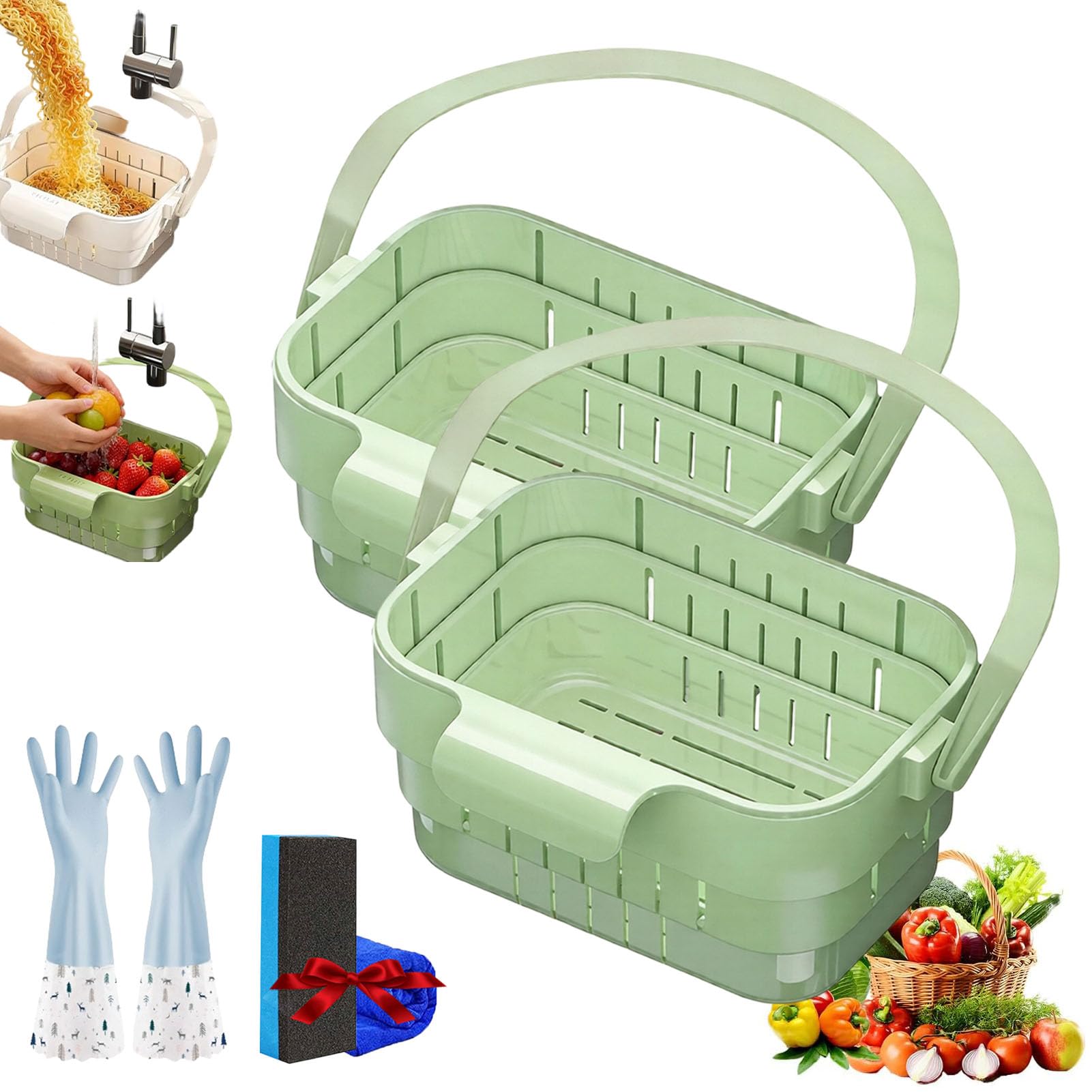 Foldable Hanging Kitchen Sink Drain Basket, 2-in-1 Foldable Sink Colander - Anti-Clog Filter & Organizer, No-Drill Faucet Hanging Strainer, Multifunctional Foldable Hanging Colander ，2Pcs/Green