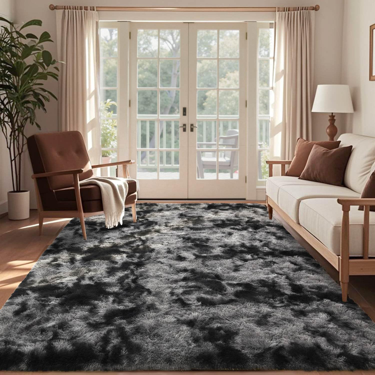 6x9 Ft Large Shag Rugs for Living Room Decor, Tie-Dyed Ultra Soft Fluffy Furry Area Rugs for Bedroom Indoor Floor, Aesthetic Carpet for Kids Home (Dark Grey)