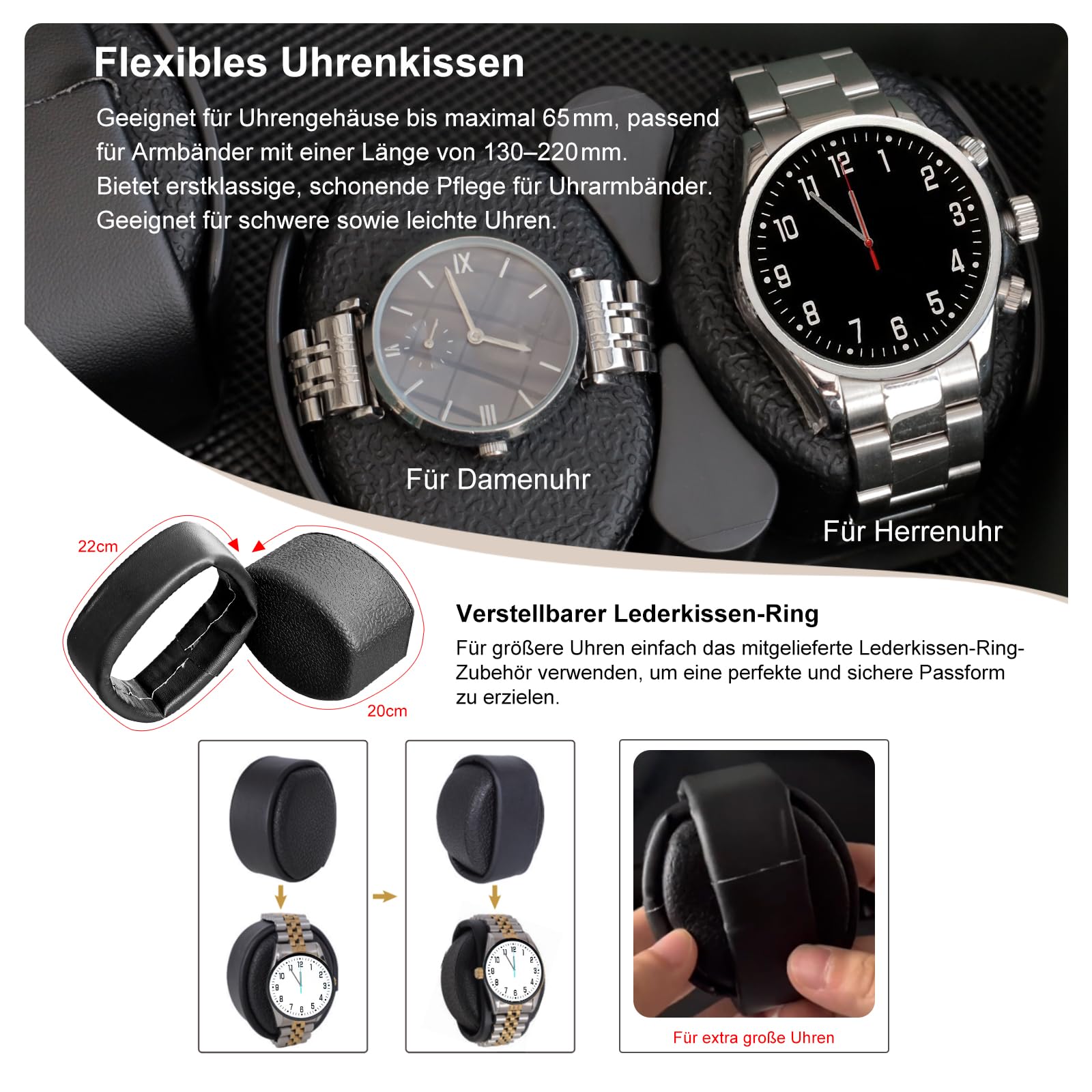 XTELARY Abschließbarer Uhrenbeweger für 4/6/8/12 Automatikuhren, Automatikbeweger mit 4 Rotationsmodi,Extra Uhrenfächern, Flexible Uhrenkissen, Leiser Mabuchi Motor und Blaue Hintergrundbeleuchtung