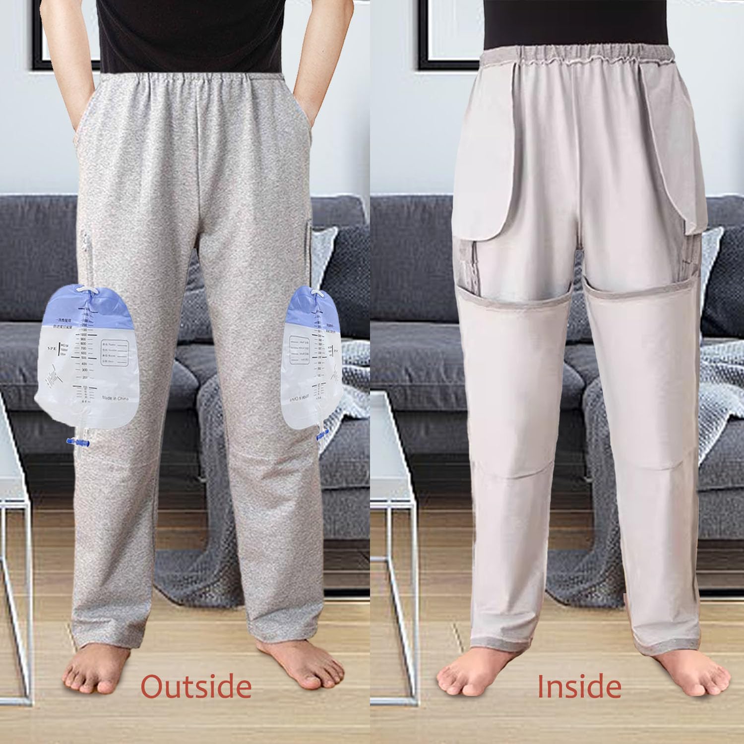 Pantalones de nefrostomía, pantalones de catéter, bolsillos dobles con cremallera, pantalones de bolsa de orina para foley, nefrostomía, ostomía