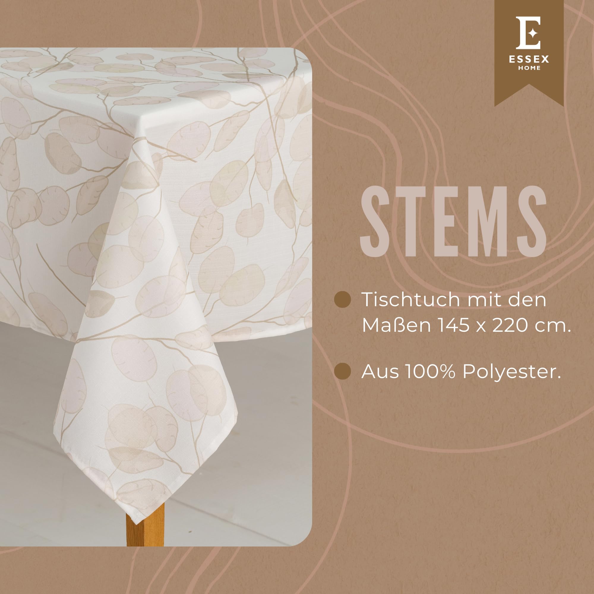 ESSEX, Stems Tablecloth, 145 x 220 cm, Tablecloth, 100% Polyester, Washable, Leaves, Beige, Beige (Stems) - Image 2