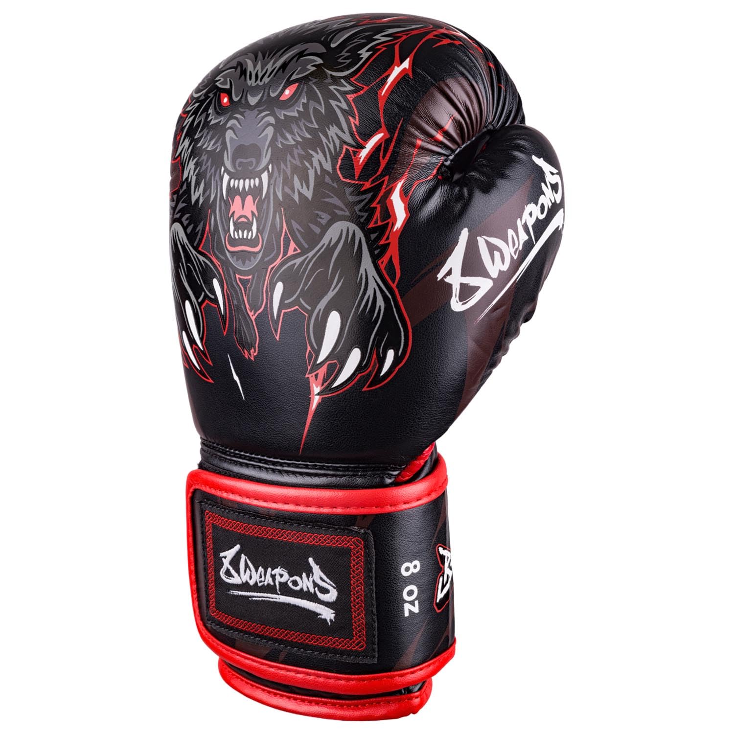 8 WEAPONS Boxhandschuhe Kinder, Beastial Wolf, Schwarz-Rot, Kinder Boxhandschuhe, Kunstleder, Perfekte Dämpfung für optimalen Schutz, Handschuhe für Muay Thai, K1, Boxen, MMA und Kickboxen