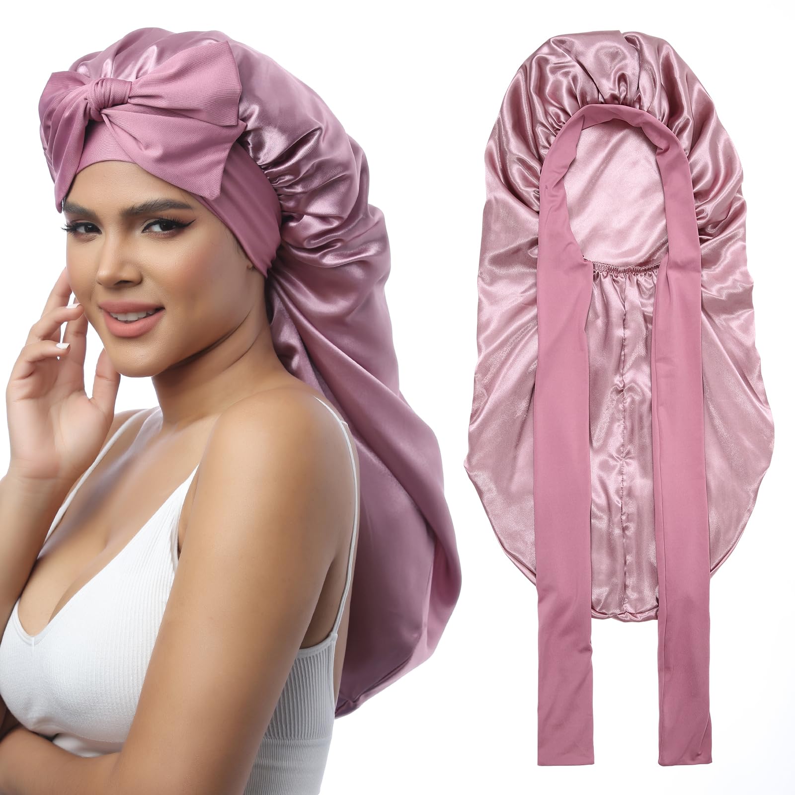 Coubeau Gorro Largo de Seda Satinada para Dormir para Mujer - Gorro de Pelo para la Noche para Mujer - Gorro de Pelo Largo y Rizado Gorro de Dormir Gorro de Seda Pelo