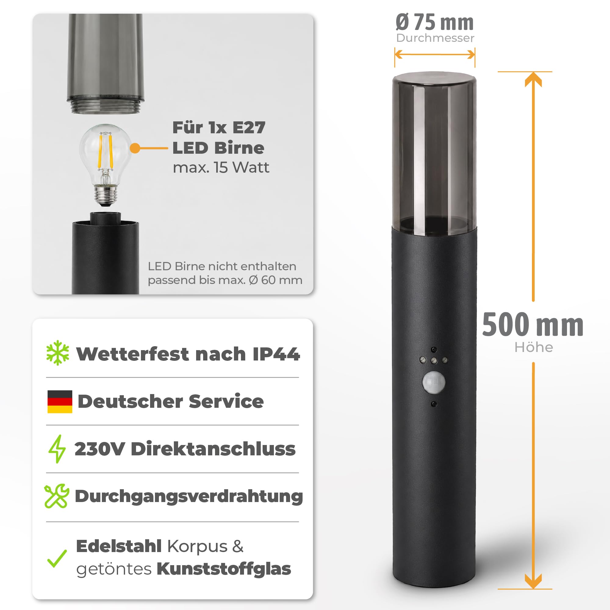 SSC-LUXon 2x VARDA Pollerleuchte mit Bewegungsmelder Höhe 50cm für E27 | Standleuchten mit Bewegungsmelder & Dämmerungssensor - für E27 (Lieferung ohne Birne), reihenschaltbar, IP44 wetterfest
