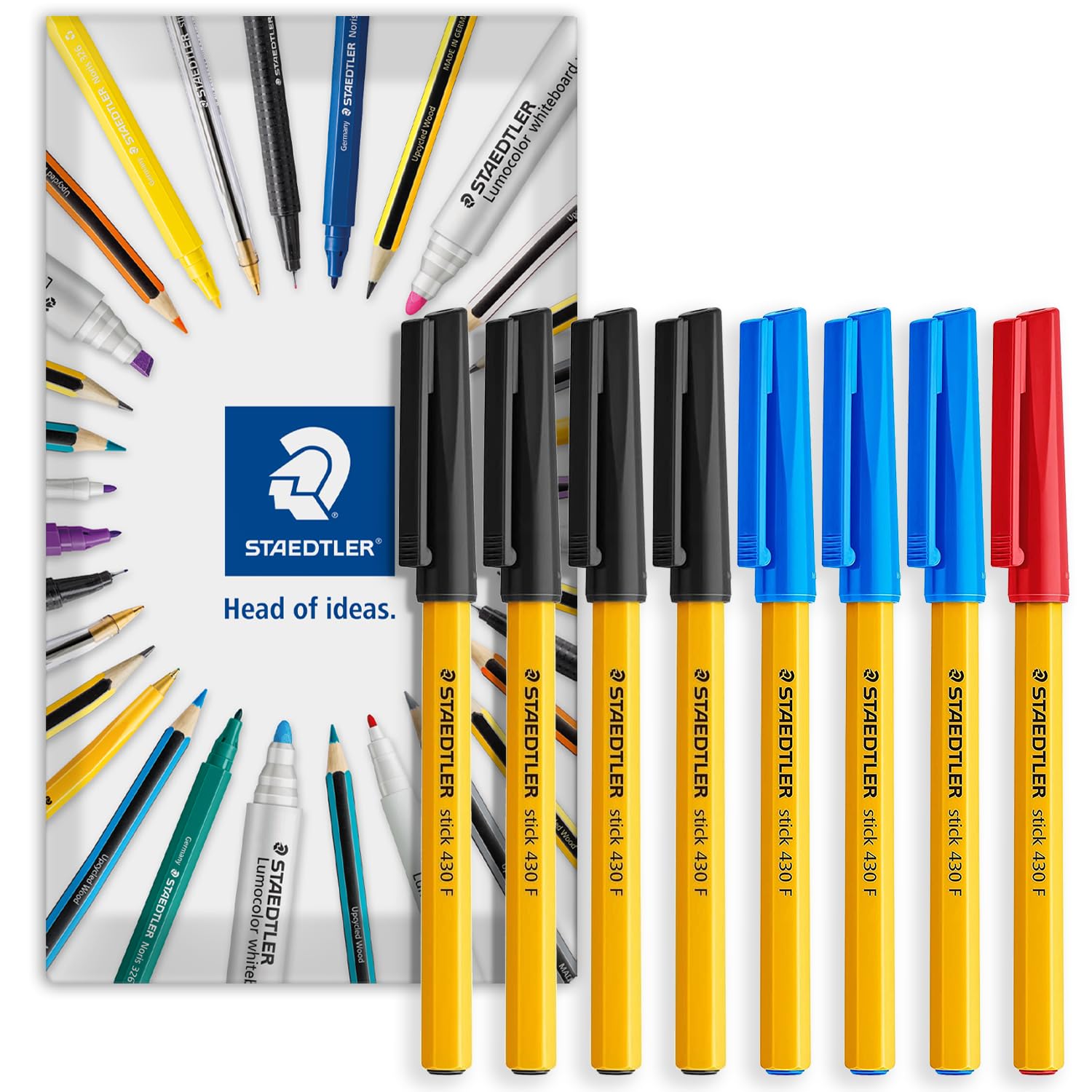 STAEDTLER stick 430F Ballpoint Pen - 0.3mm Fine Point - Pack of 8 in Envelope Packaging (Black, Blue, Red)