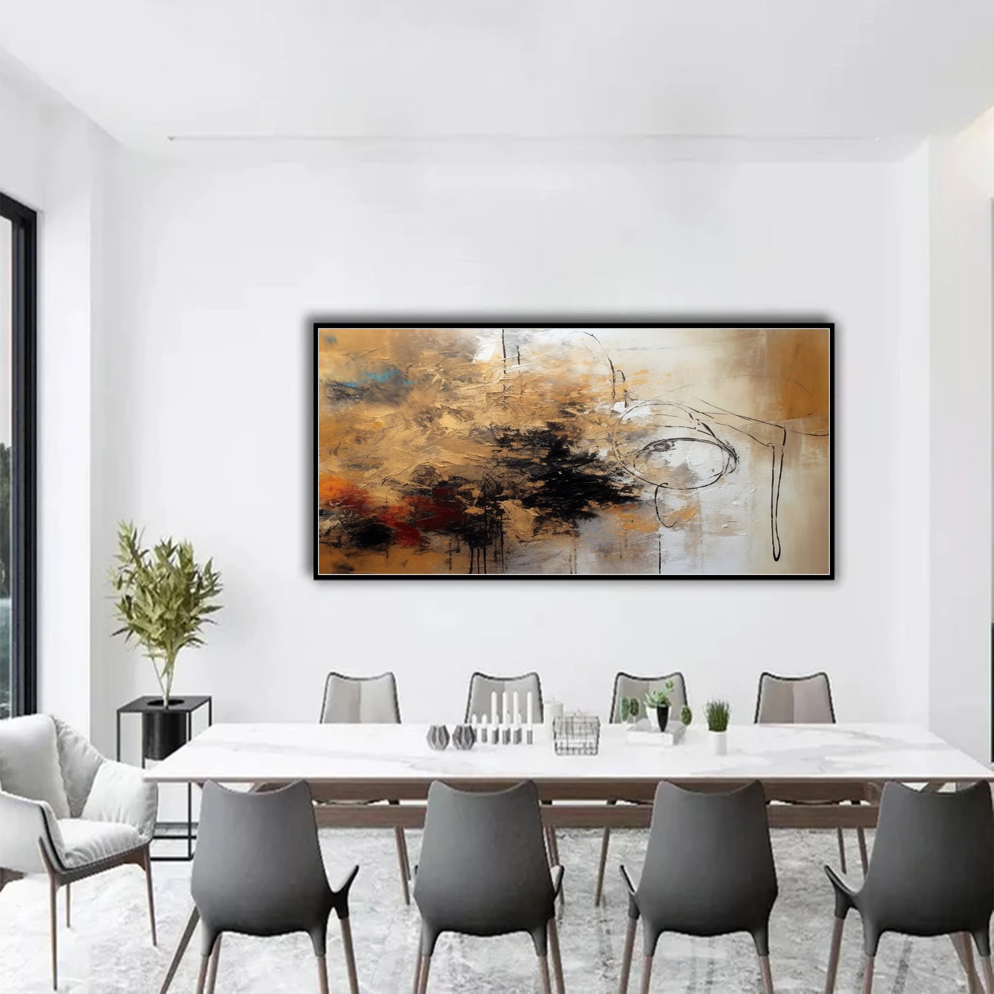 Tableau Abstrait Moderne 90x140 Cm - Couleurs Marron, Beige Et Gris - Cadre Doré - Pour Salon Et Décoration Murale