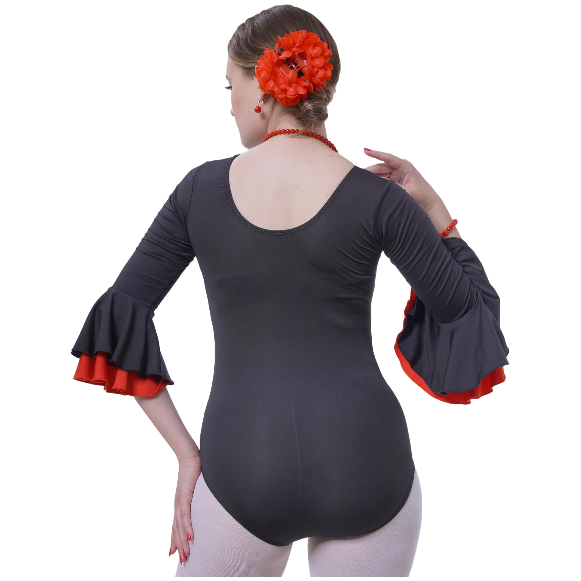 Carnavalife Body flamenco mujer negro maillot danza manga larga con volante, leotardo gimnasia ballet sevillanas, escote redondo, ribete rojo