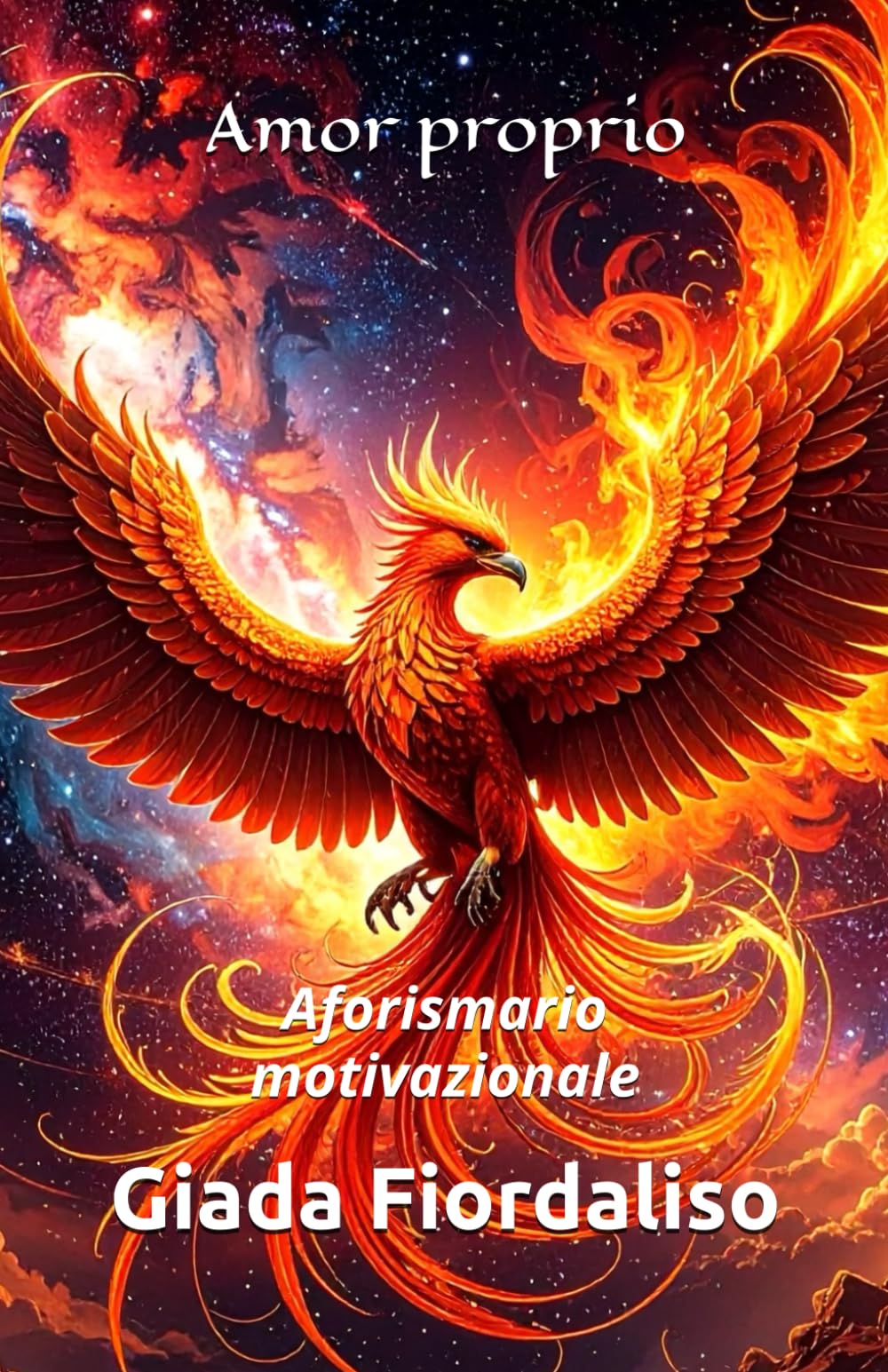 Amor proprio-copertina con una fenice e interni a colori con la raffigurazione di due fenici sullo sfondo di ogni pagina: Aforismario motivazionale