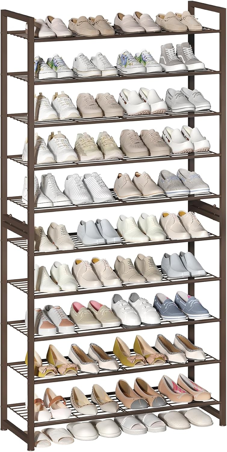 Tall Metal Shoe Rack, 10 Tier Stackable Shoe Tower for 50 Pairs, Heavy Duty Shoe Storage for Closet Bedroom Garage, Bronze