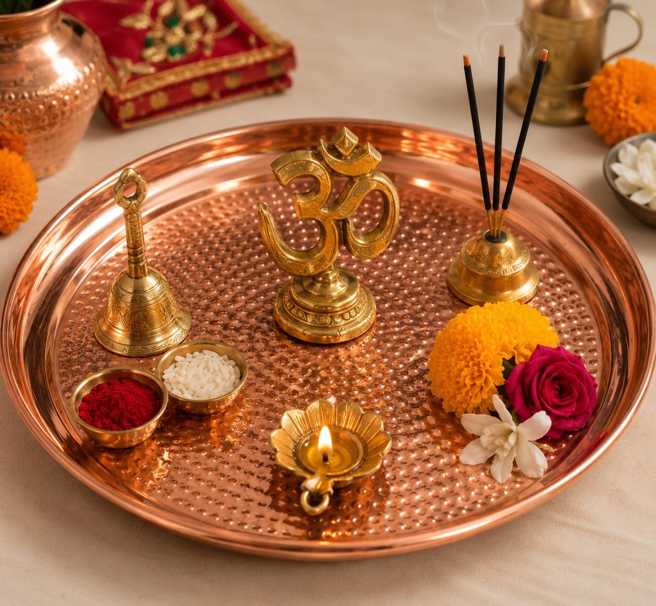 Reine Kupferplatte, Thali-Puja-Teller, rund, traditionelles indisches Küchenartikel, Kupferutensilien, 22,9 cm Durchmesser