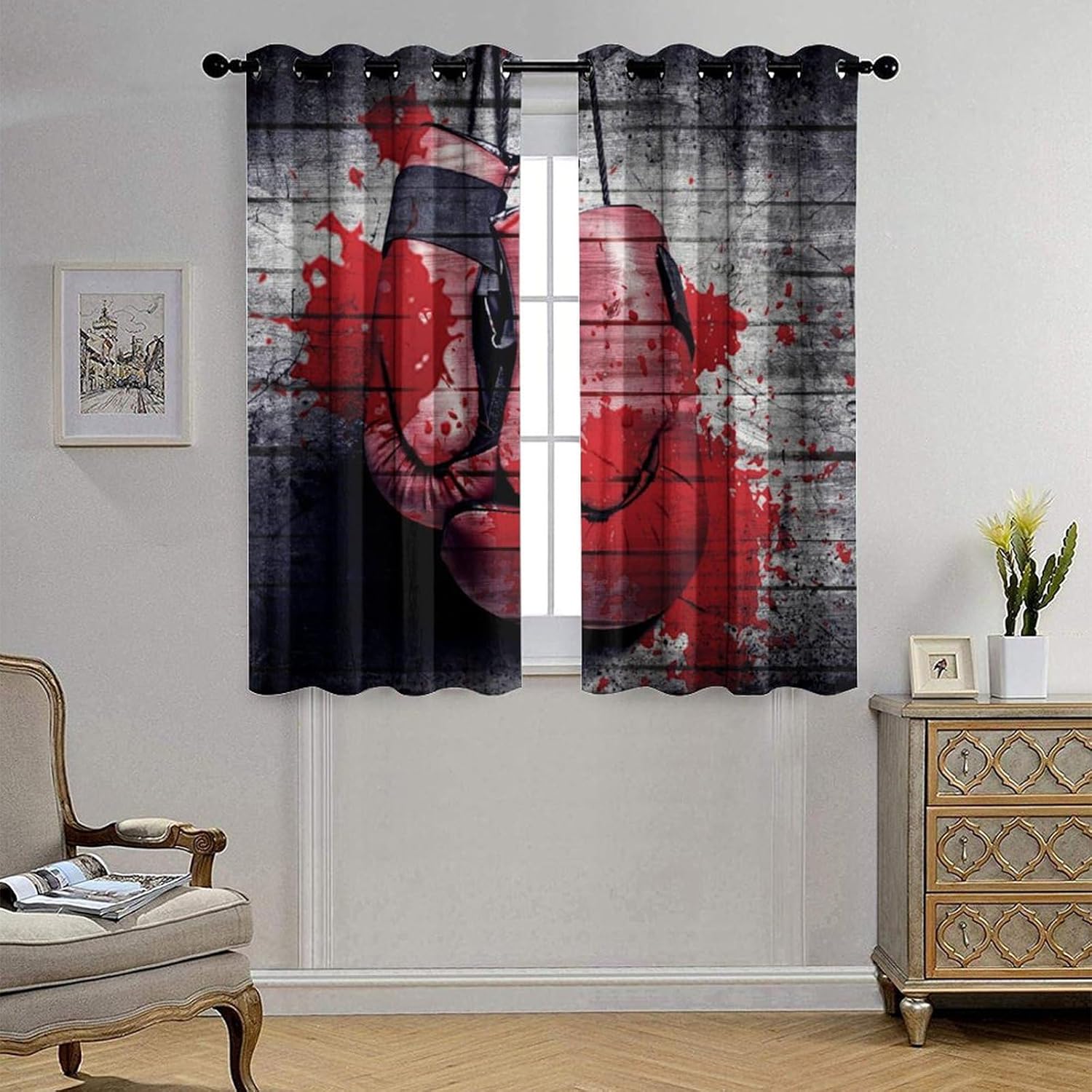 Vintage Red Boxing Curtains Cool Sport Theme Wooden Board Arena Ring Boxing Window Drapes Rod Pocket Curtains Darkening Window Treatments 2 Panels 63" L x 31.5" W