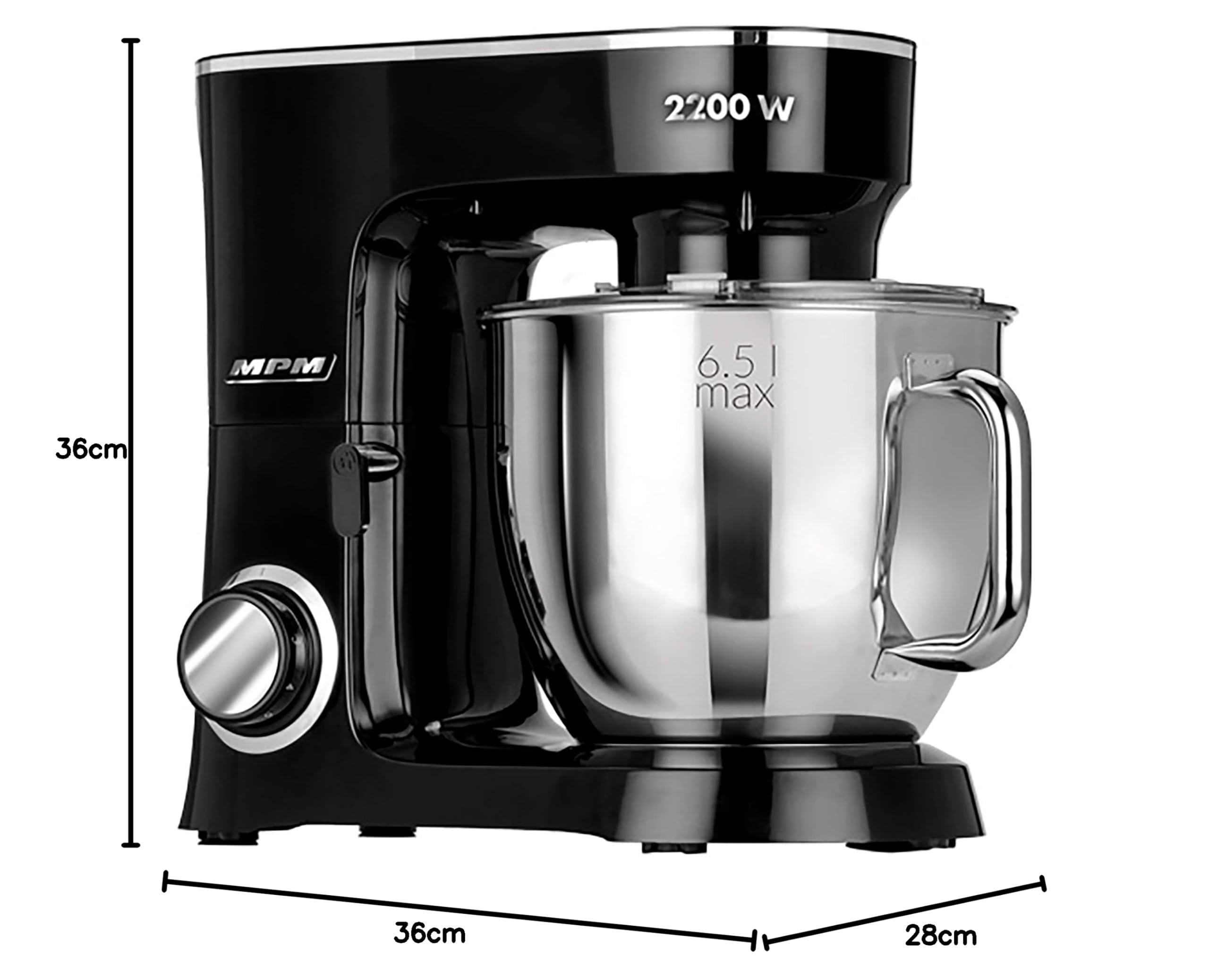 MPM Batidora Amasadora Repostería Profesional Robot Cocina Orbital 2200W Máx. 6,5L Bol Acero Inox, 6 Velocidades + Función Pulso, Sistema Planetario, 3 Accesorios+ Báscula, MRK-19B