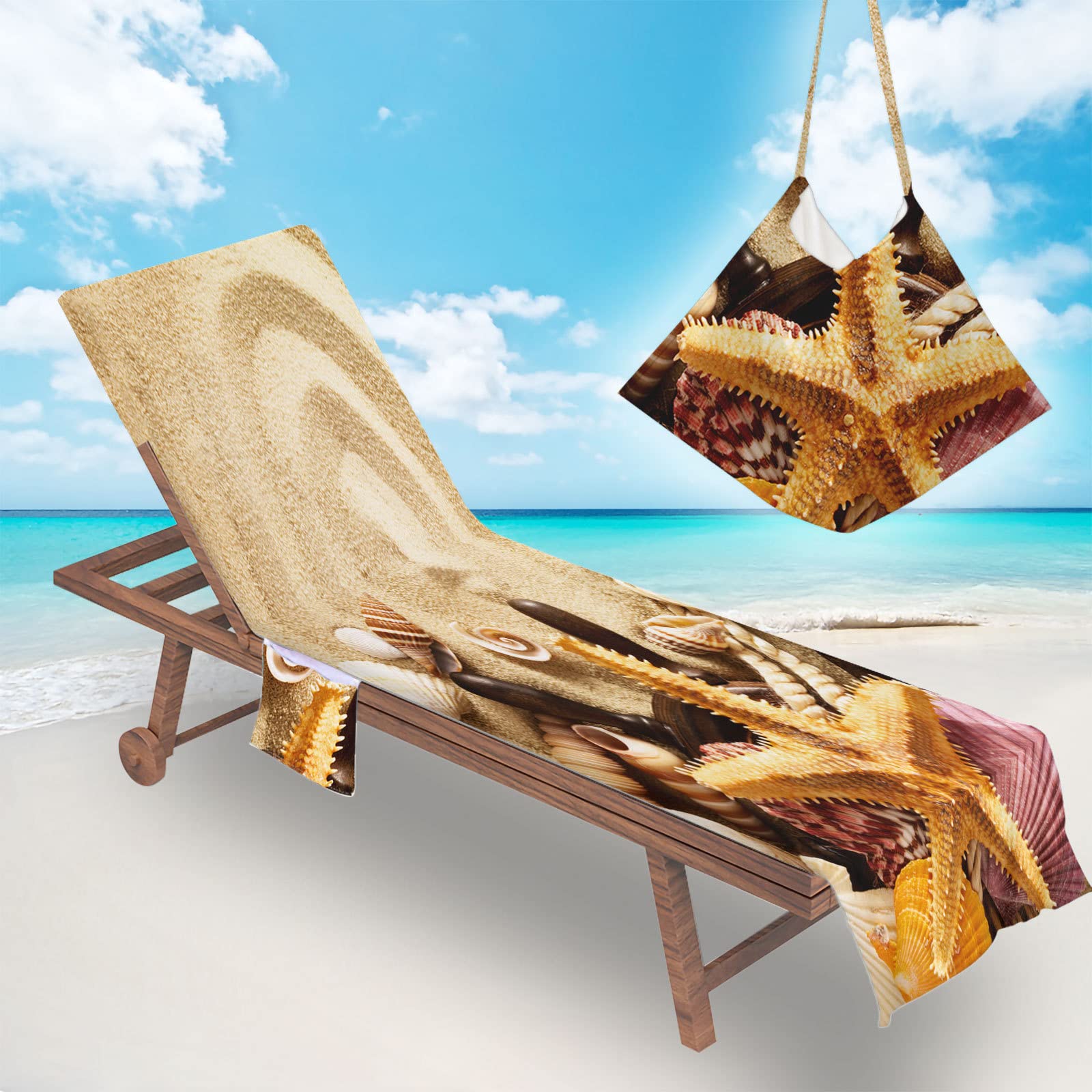 Surwin Sun Lounger Beach Towel with Pockets, Summer Beach Chair Cover Chaise Lounge Towel Cover Mate Sunbed Towels For Holiday Garden Summer Outdoor Pool (75x210cm,Khaki)