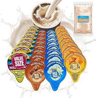 Coffee Creamer Liquid Singles International Delight Caramel Macchiato, French Vanilla, Hazelnut and Land O'Lakes Mini Moo's Half and Half Creamer Variety Pack Plus Doomi Wooden Stirrers (72 Pack), 4 Flavor Assortment Coffee Creamer Singles for Home, Office, Coffee, Bar, Gift