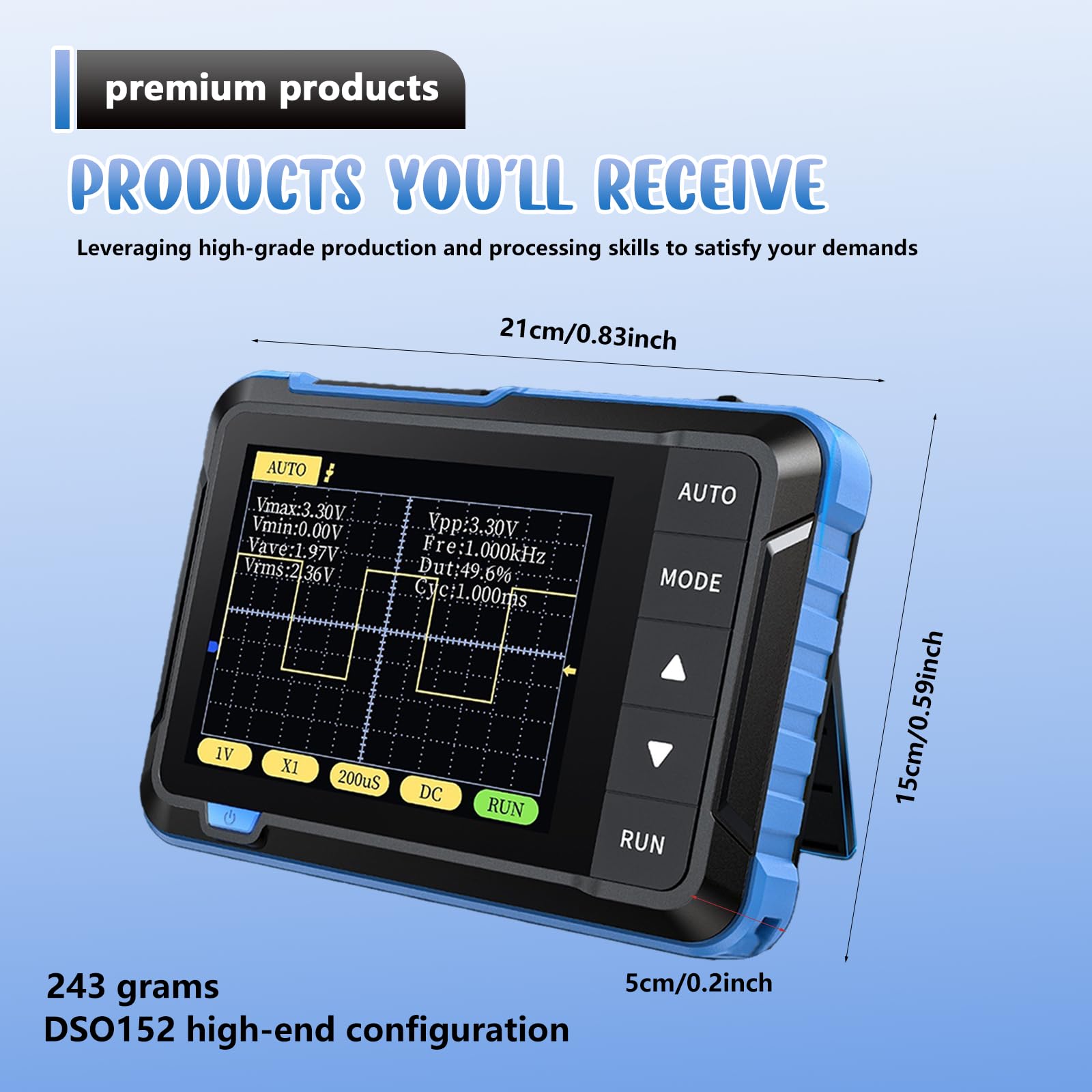 DSO152 Osciloscopio Mini Digital, Osciloscopio Digital 200KHz con tasa de muestreo 2.5MS/s, TFT de 2.8", Modo de disparo Auto/Normal/Individual para principiantes, DIY, uso doméstico