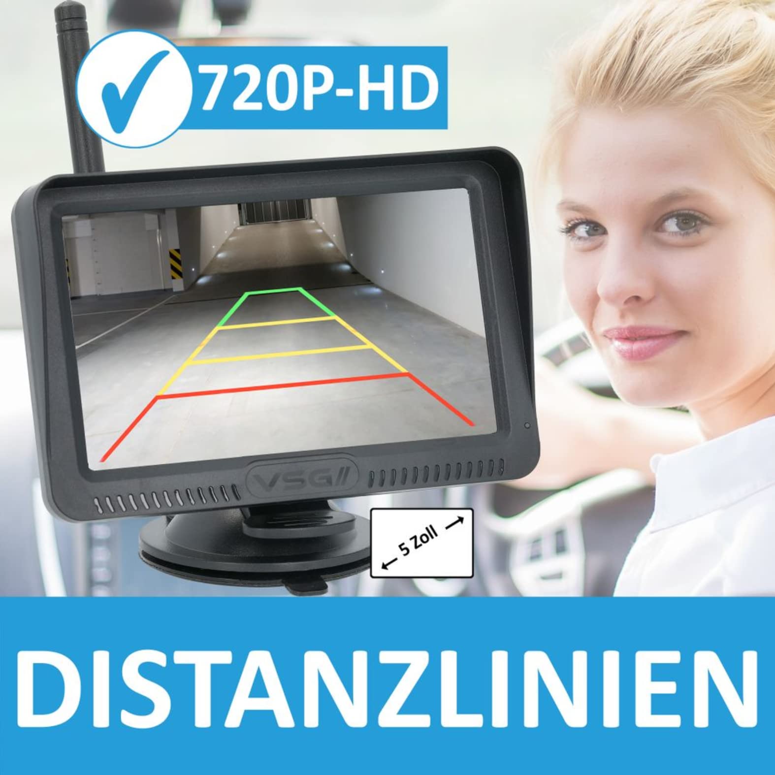VSG24 5“ HD Set 2 Kameras Funk Rückfahrsystem Premium ONE für PKW, KFZ Set kabellos inkl. Rückfahrkamera + Monitor, einfach zum Nachrüsten 12V-24V, Nummernschild Kamera digital, Auto Rückspiegel
