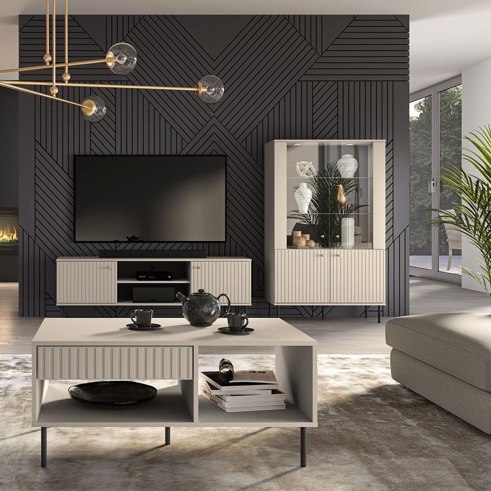 Lomadox Wohnzimmer Set in Kaschmir matt modern 3-teilig mit Riffeloptik mit Couchtisch, TV-Board, Vitrinenschrank