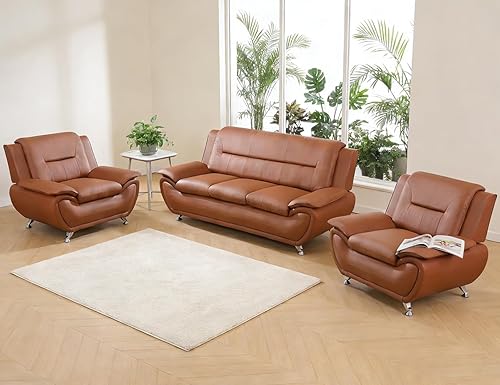 Miniatura 14 de Sofás Seccionales de Cuero, Conjuntos de Muebles de Sala de Estar, 3 Piezas Conjunto de Sofá Moderno para Sala de Crema