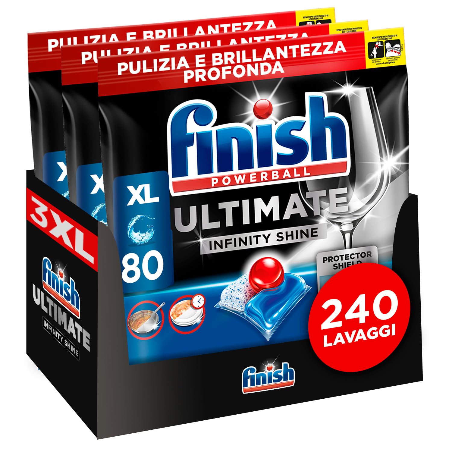 Finish Ultimate Infinity Shine Pastiglie Lavastoviglie, 80 Capsule Lavastoviglie, Detergenti per Lavastoviglie contro lo Sporco e i Residui Incrostati (Confezione da 3)