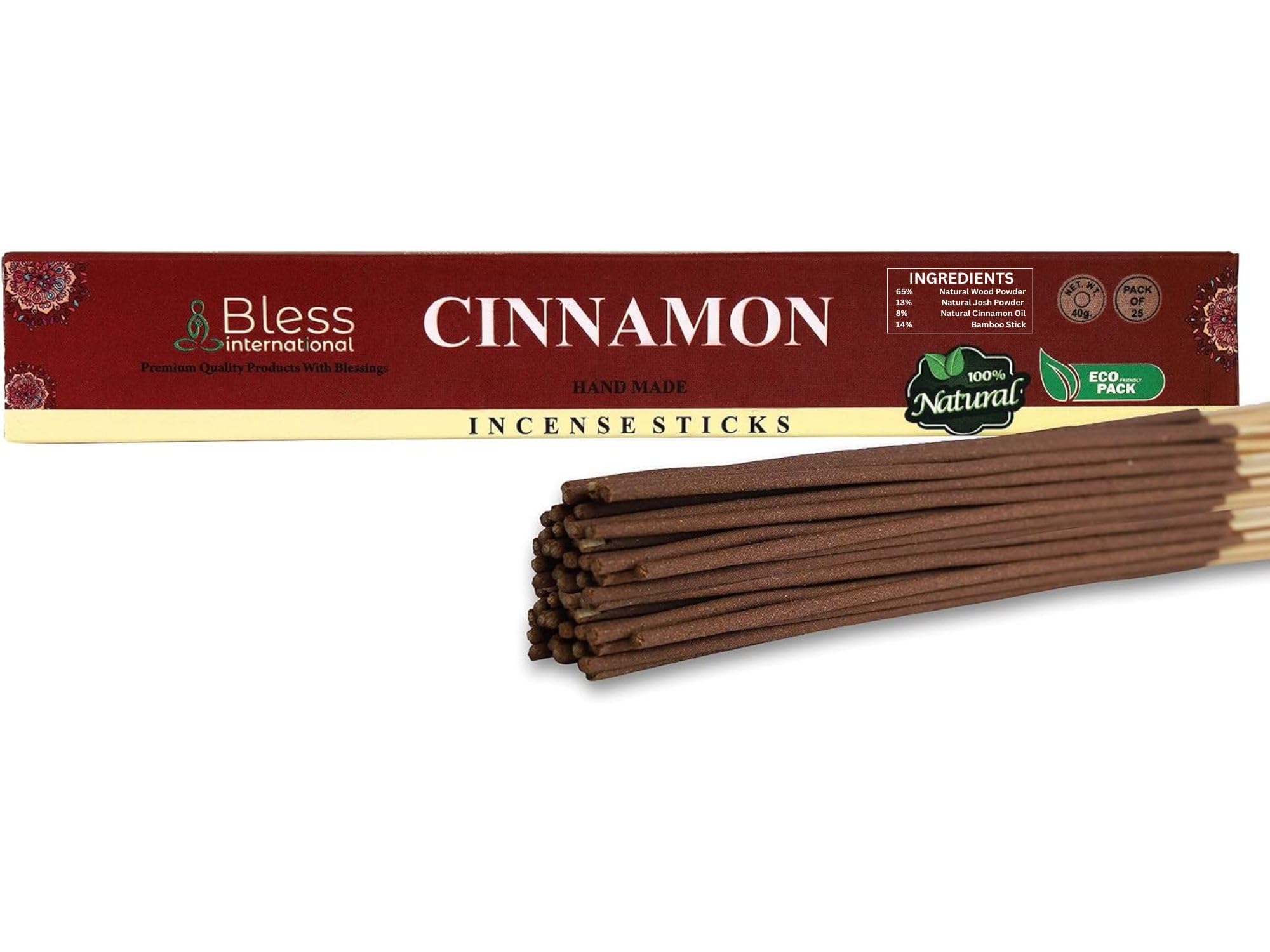 Bless-Cinnamon 100%-Natural-Handmade-Hand-Dipped-Incense-Sticks Organic-Chemicals-Charcoal-Free Purification-Relaxation-Positivity-Yoga-Meditation Best-Woods-Scent (25 Sticks (1.4 OZ))