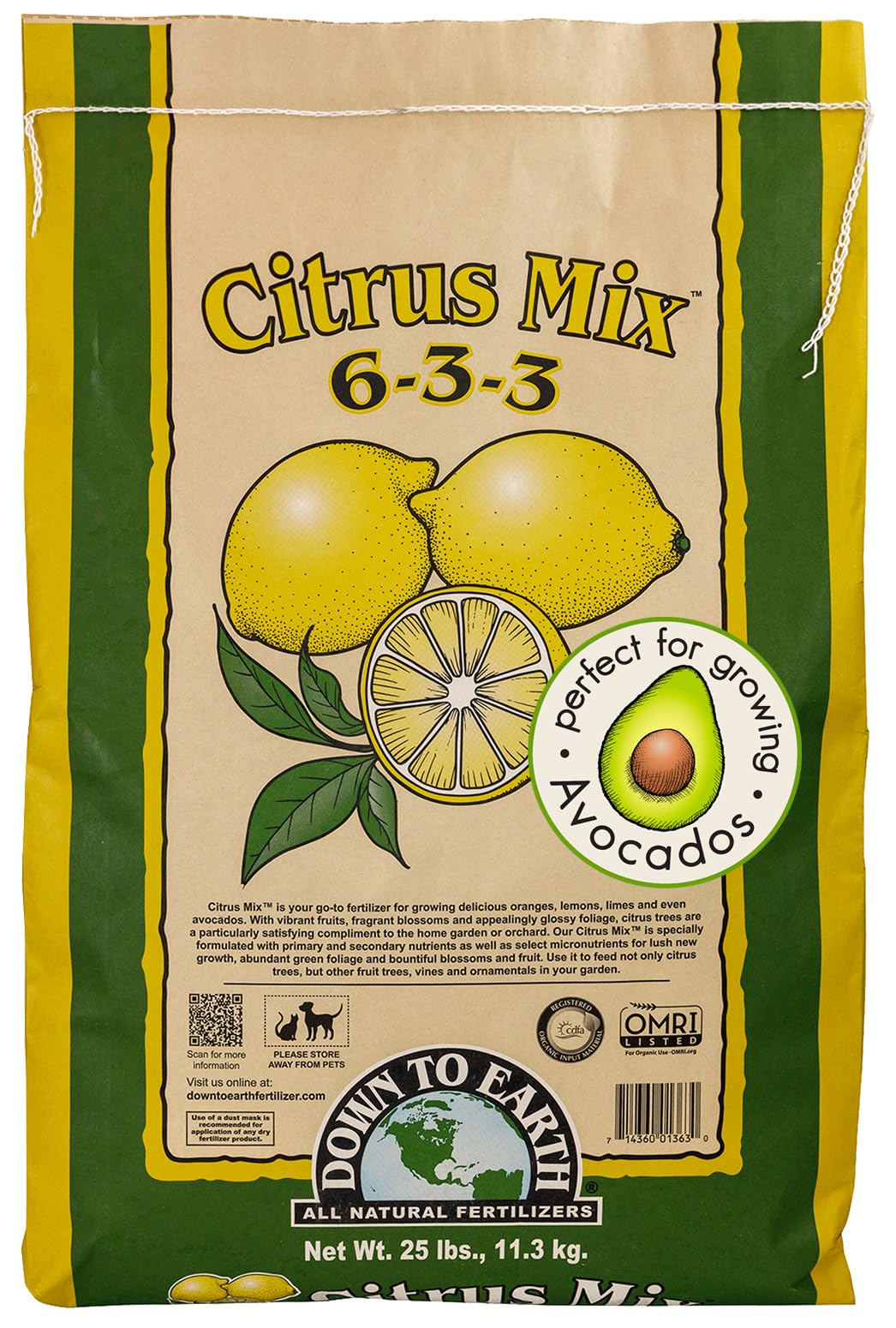 Down To Earth All Natural Fertilizers Organic Citrus Mix - Plant Food for Lemons, Limes, Oranges and Avocados 6-3-3, 25 lb