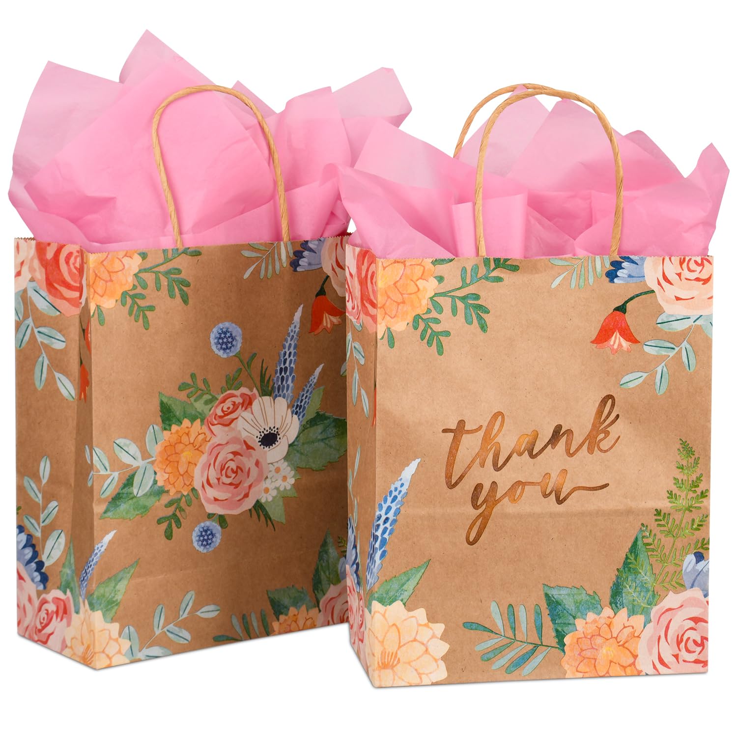 DjinnGlory 50 Pack 10''x8''x4'' Medium Sized Brown Kraft Vintage Floral Paper Bags with Pink Tissue Paper for Birthday Party Favors, Merchadises,