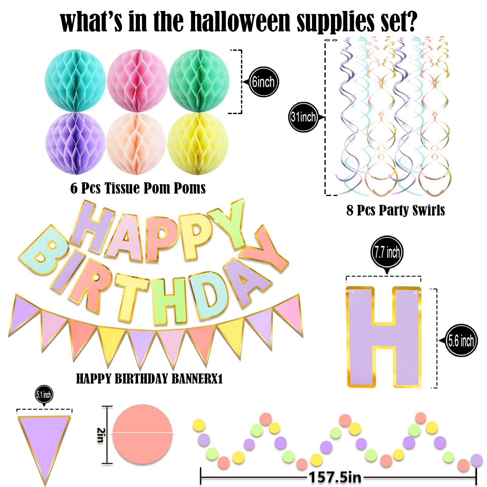 Fecedy Pancarta de feliz cumpleaños con banderines de papel coloridos, guirnalda de confeti, guirnalda de confeti, remolino, serpentinas, bola de panal para fiesta de cumpleaños