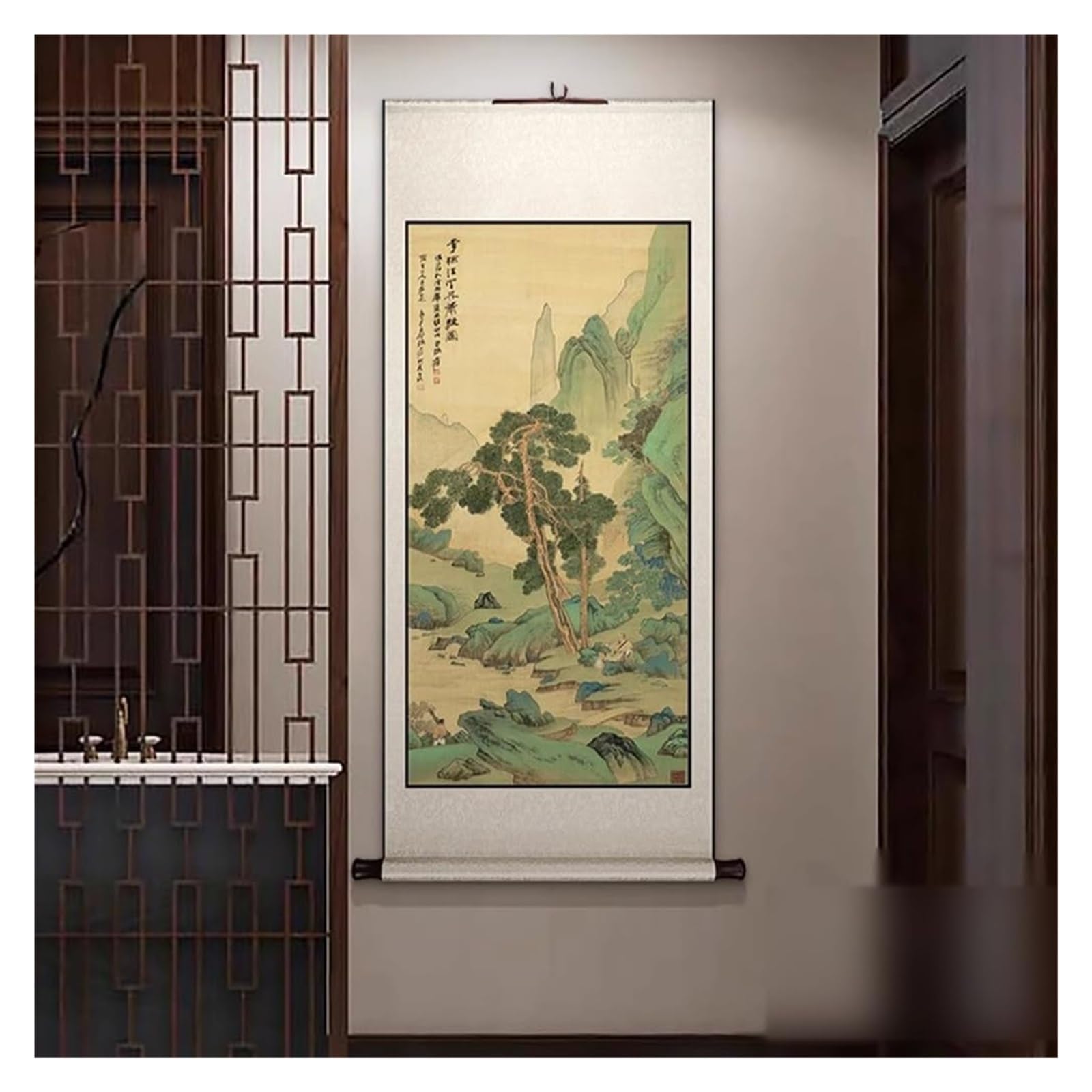 Chińskie malarstwo pejzażowe, tradycyjne ręcznie robione wiszące w pionie, sztuka feng shui do salonu, dekoracja gotowa na prezent(Creamy White A,59L x 148W cm)