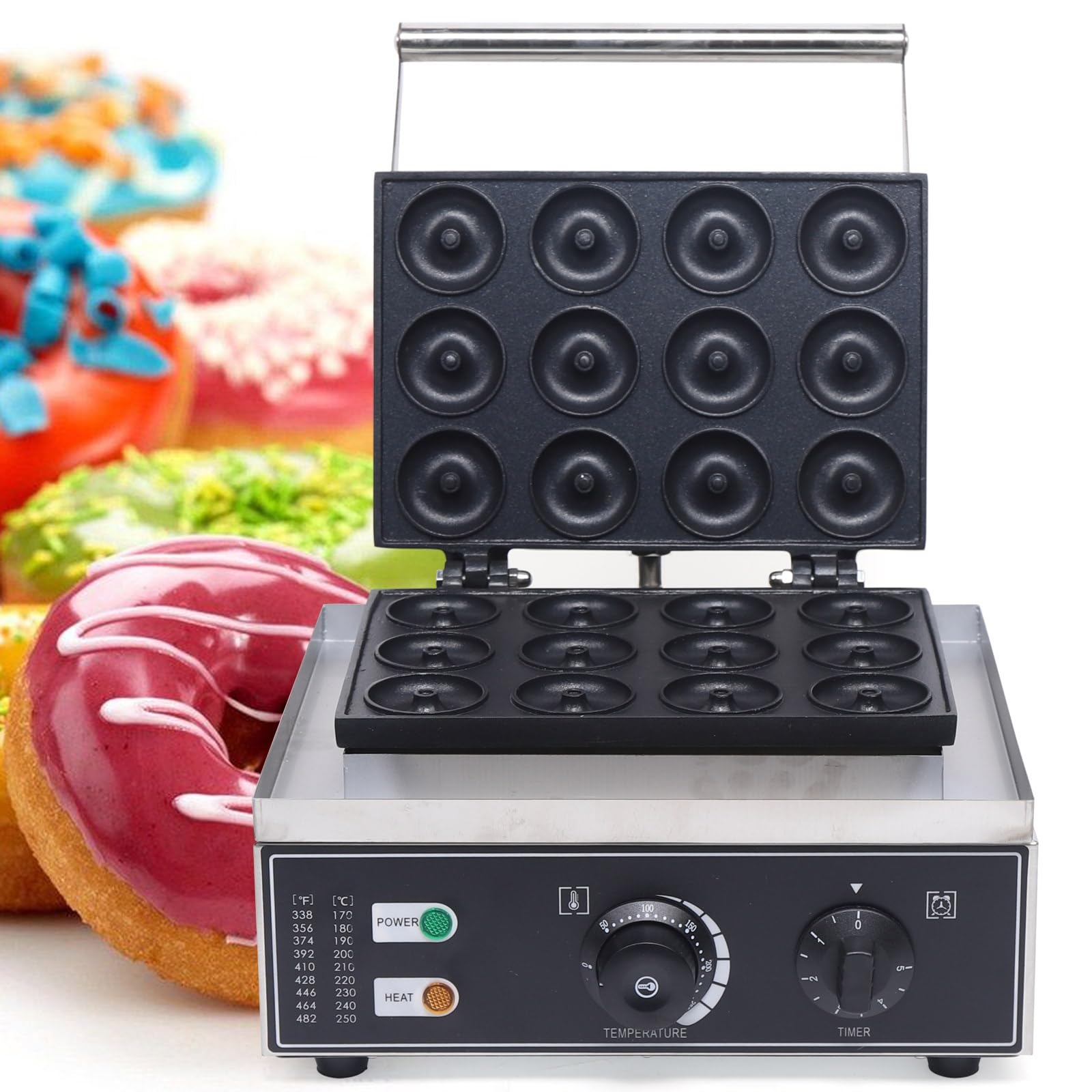 Donut Maker 1500W Kommerzielle Donutmaker 220V Antihaft Elektrisch 12 Stück 9cm Donut Baker Maker Maschine mit Teflon beschichtet für Küche und Backen, 41 * 38 * 26cm
