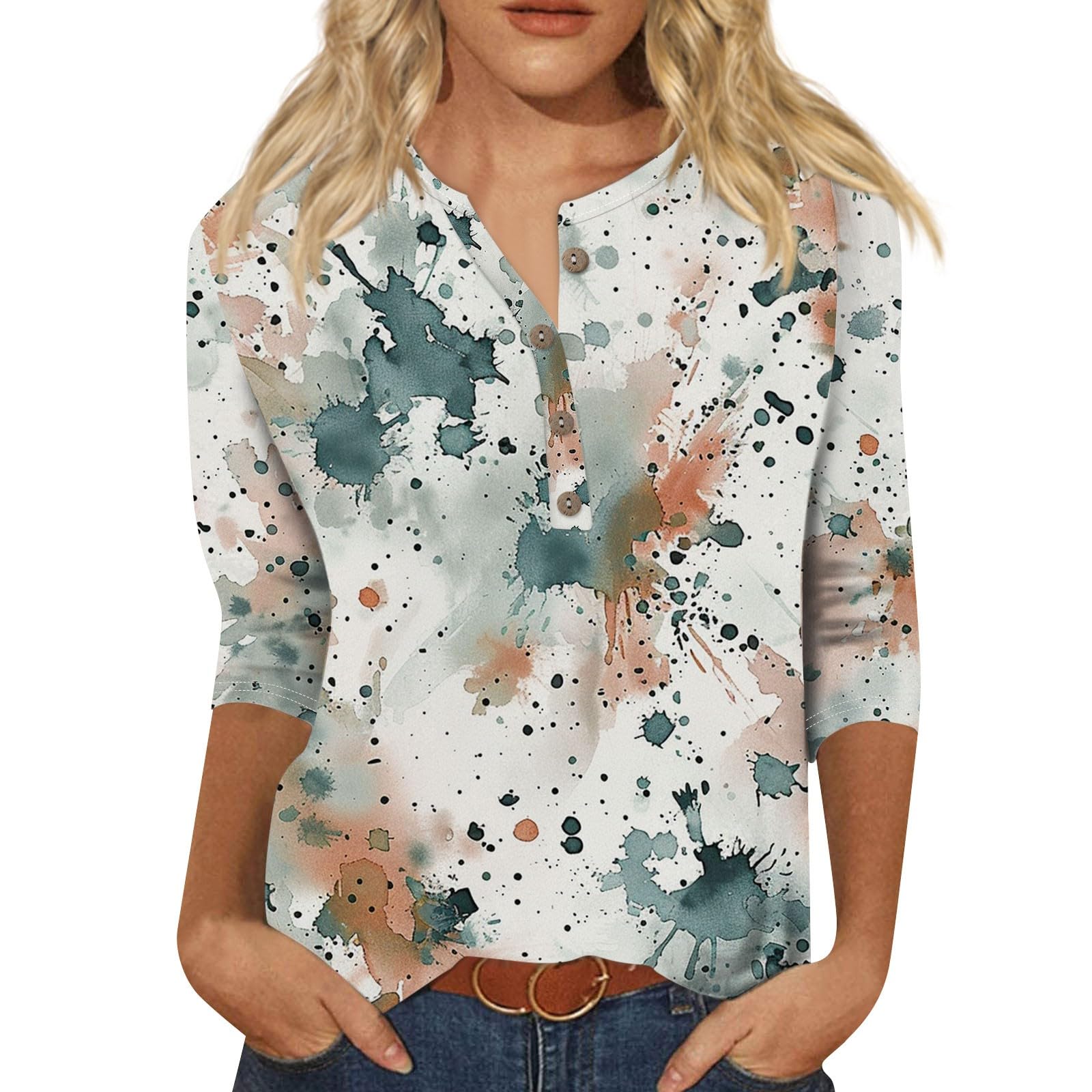 Womens 3/4 Sleeve Button Down Shirts Casual Three Quarter Length Sleeve T Shirts Graphic Print Plus Size Blouses Tops