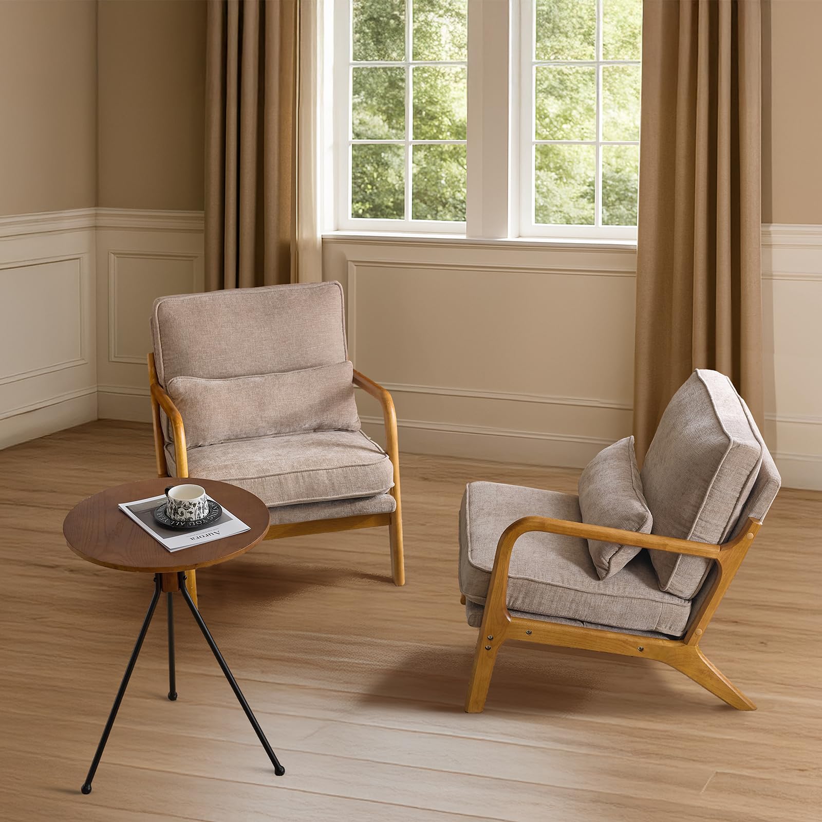 VINGLI Arm Chairs,Mid Century Modern Accent Chairs with Solid Wood Frame,Comfy Upholstered Armchair with Lumbar Pillow,Chairs for Living Room,Bedroom,Small Spaces,Chenille (Light Khaki-2pcs)